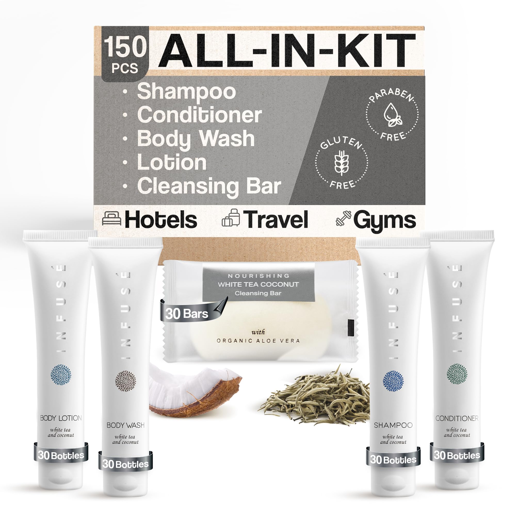 Premium Bulk White Tea & Coconut Infused Hotel Soap Set - 150 Travel-Sized Pieces (1oz Shampoo, Conditioner, Body Wash, Lotion & 1.25oz Bar Soap) | All-In-One Hospitality Kit for Airbnb, Hotels & Vacation Rentals | Eco-Friendly Toiletries for Guests