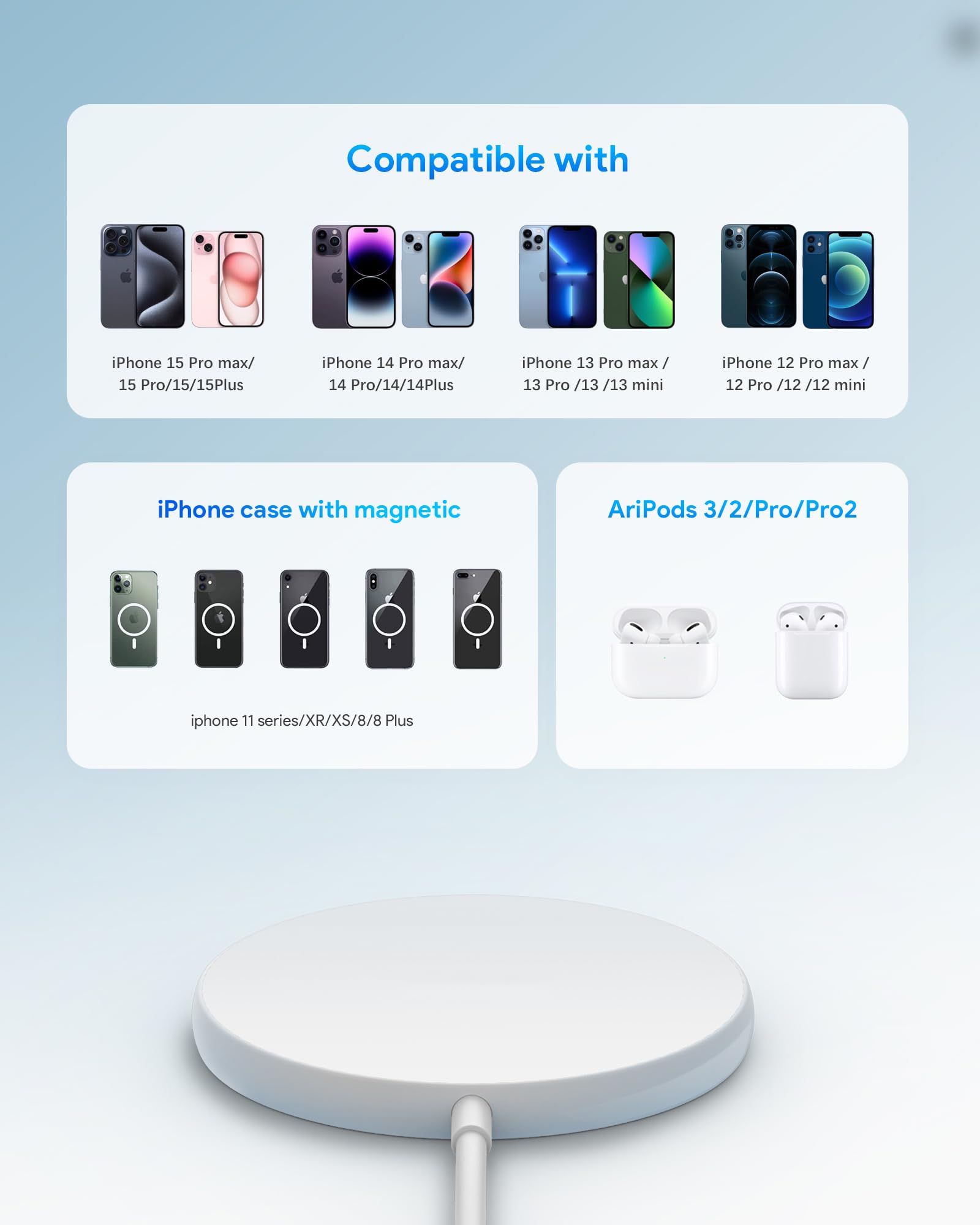 2-Pack Magnetic Wireless Charger with Magsafe - Fast Charging Pad for iPhone 16/16 Plus/16 Pro/16 Pro Max/15/15 Pro/15 Plus/14/13 Series & AirPods Pro 2 | Perfect for Home, Office & Travel Charging