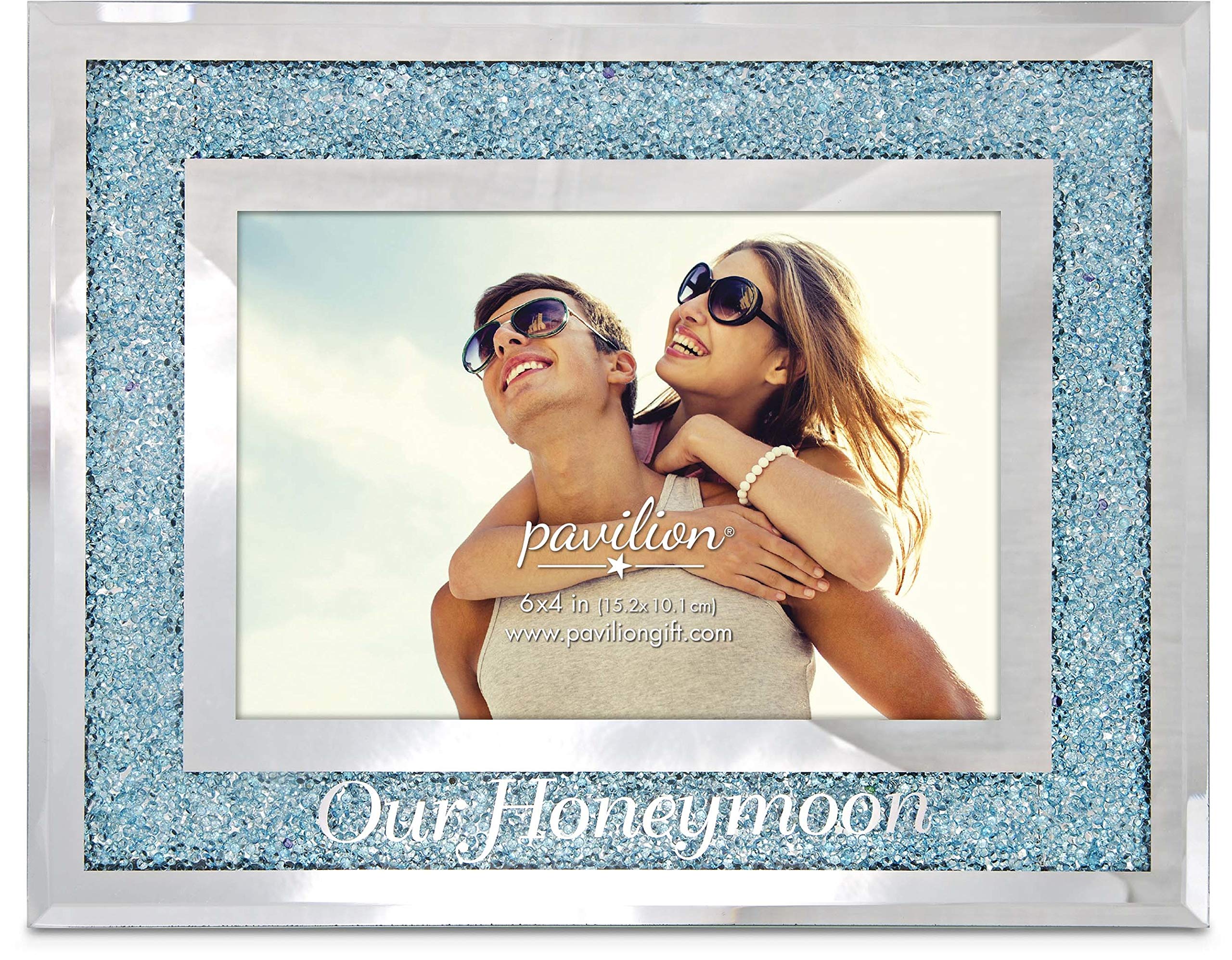 Glorious Occasions Blue Crystal Mirrored 4x6 Picture Frame - Wedding Gift, Honeymoon Keepsake, Anniversary Present - Perfect for Displaying Wedding Photos, Travel Memories & Special Moments