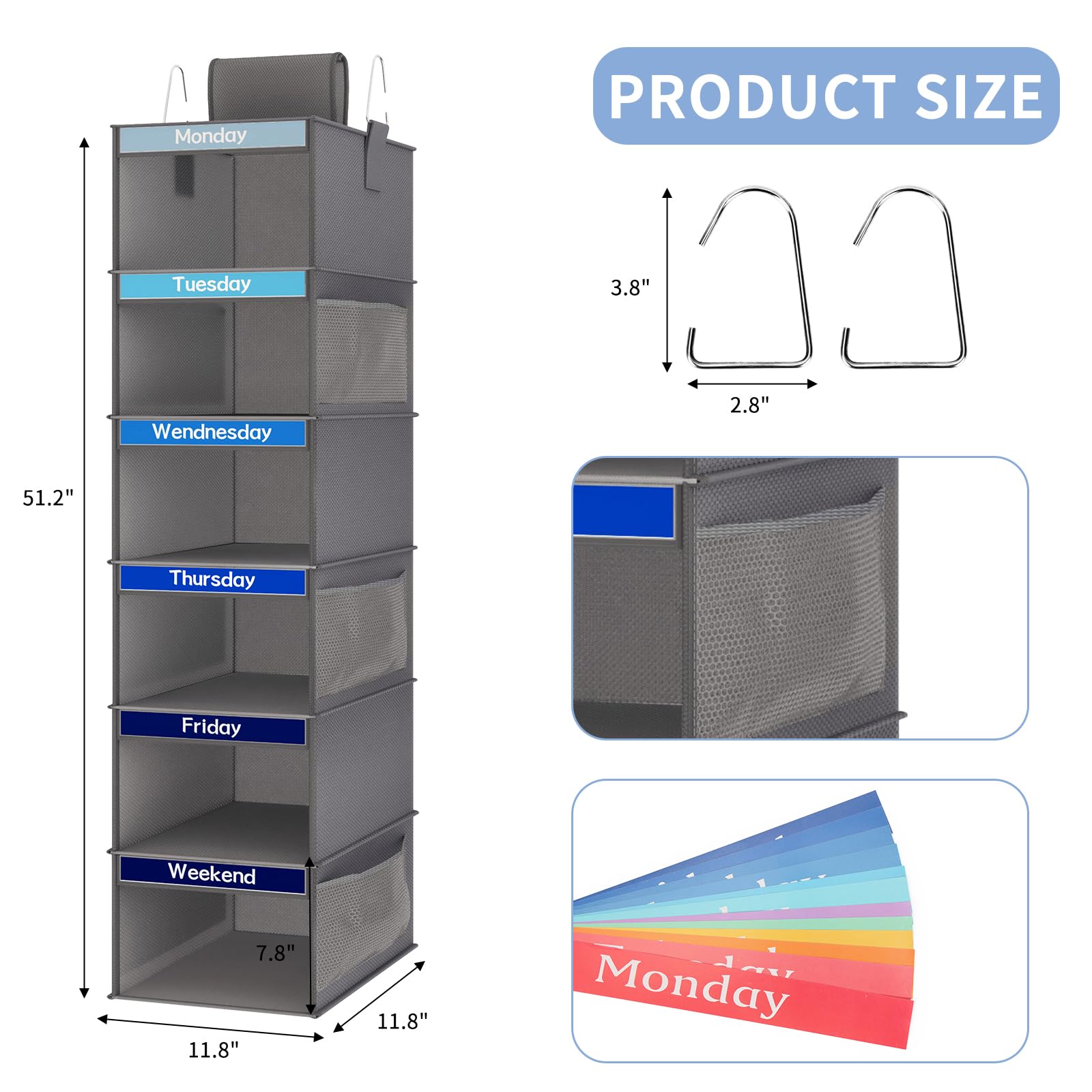 Fixwal 6-Shelf Weekly Clothes Organizer for Kids - Hanging Closet Organizer with 6 Side Pockets - Days of The Week Storage Shelves for Toddler & Children (Dark Grey) - Perfect for Bedroom, Nursery & Daycare Organization