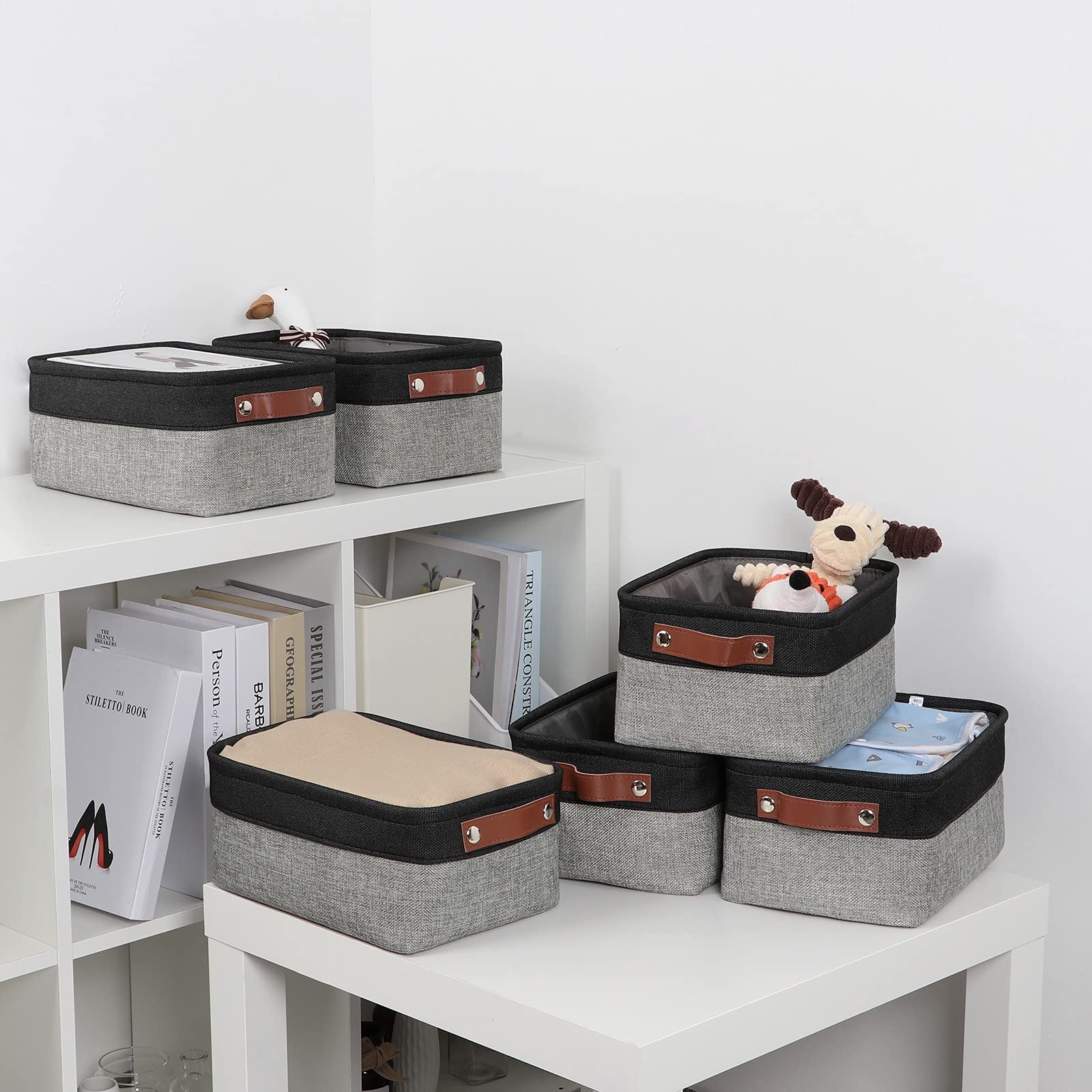 DULLEMELO Small Fabric Storage Bins - Collapsible Rectangular Baskets for Shelves & Closets (6-Pack, Black&Gray) - Perfect for Home, Office & Nursery Organization