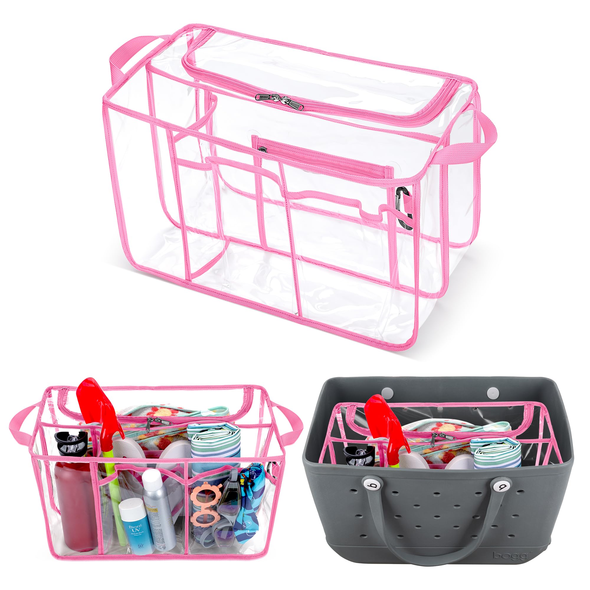 Waterproof Clear Beach Bag Organizer Insert for Bogg Bag X Large - 15.6 x 8.4 x 10.8 Inches Pink Divider Pouch - Perfect for Beach Trips, Poolside Essentials & Travel Organization