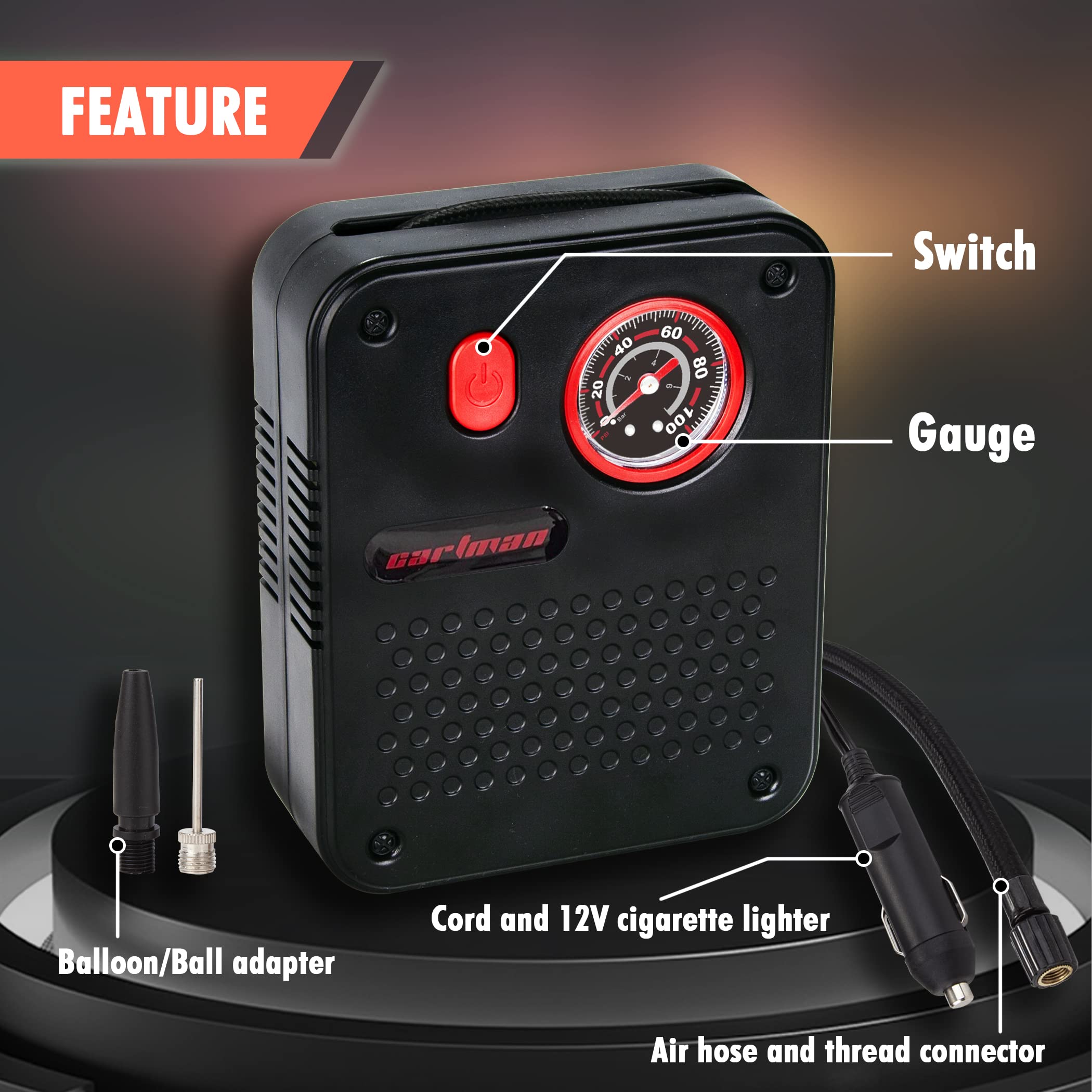 Portable Electric Air Compressor Pump for Car Tires, Bikes, Balls & Inflatables - CARTMAN 12V DC Tire Inflator with Digital Pressure Gauge - Fast Inflation for Road Trips, Camping & Emergency Use (Black)