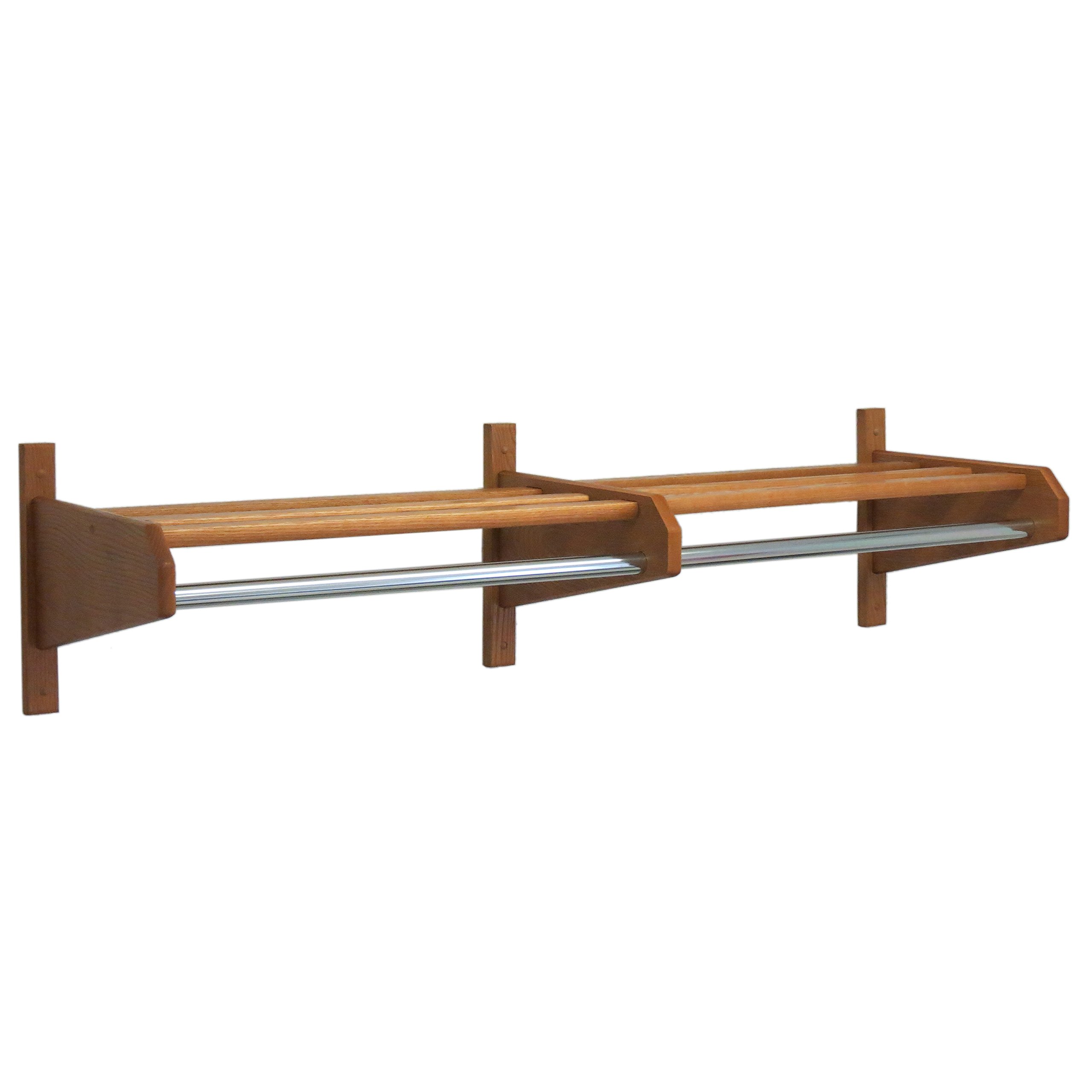66-Inch Wooden Coat and Hat Rack with Small Hook Hangers - Medium Oak Finish for Entryway, Mudroom, or Bedroom Organization