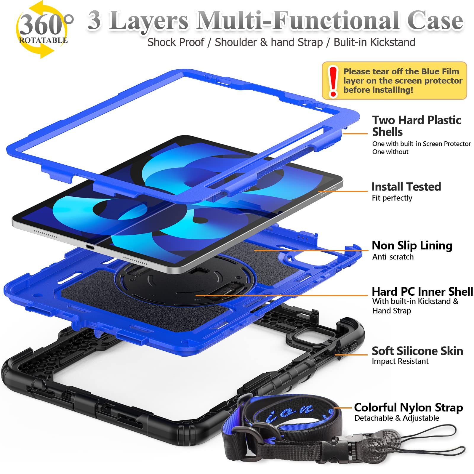 SEYMAC 360° Rotating Protective Case with Hand Strap & Stand for iPad Air 5th/4th Gen 10.9