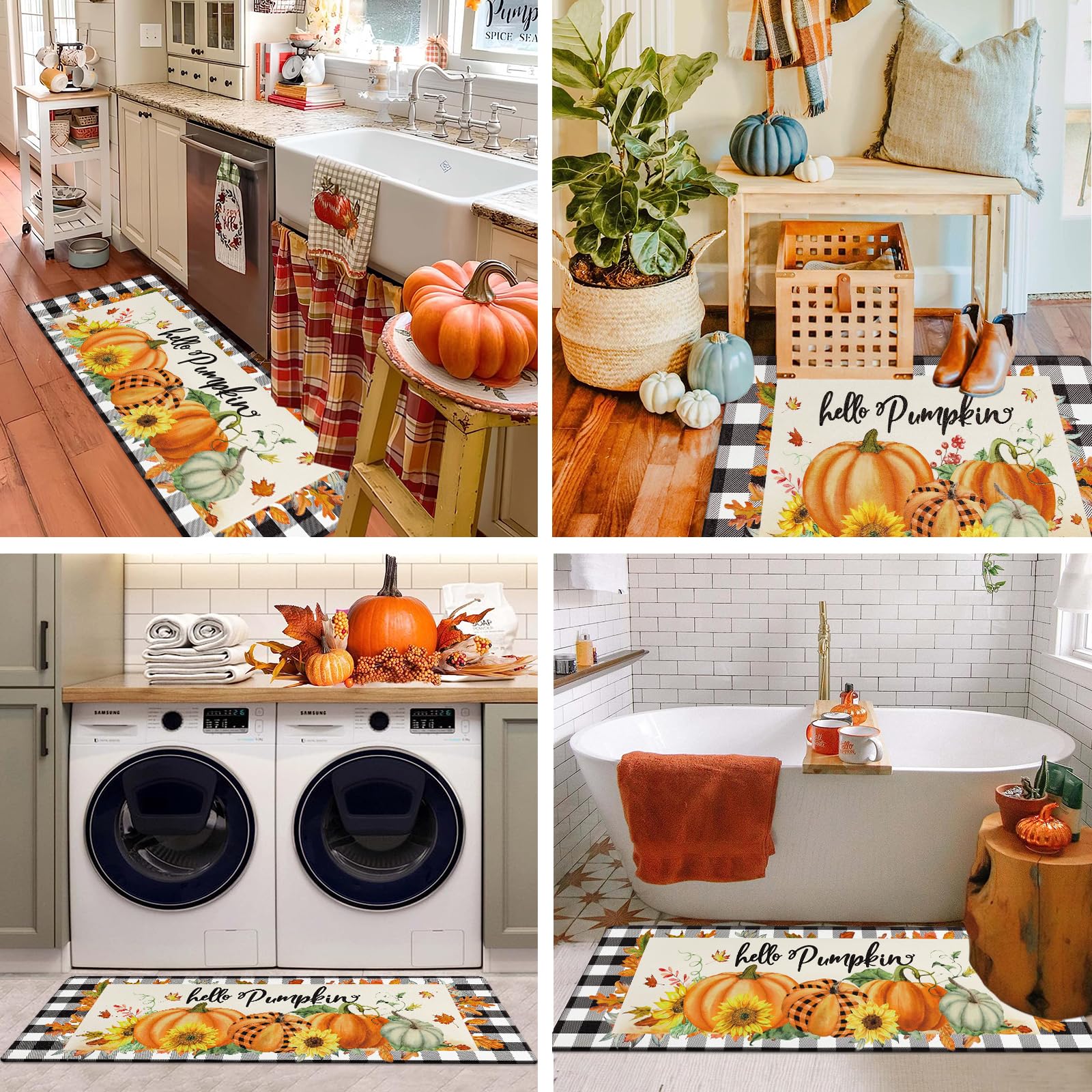 Pauwer Pumpkin Kitchen Rugs Set of 2 - Non-Slip Anti-Fatigue Farmhouse Floor Mats with Buffalo Plaid Design for Fall & Thanksgiving Decor | Perfect for Kitchen, Dining Room, and Entryway