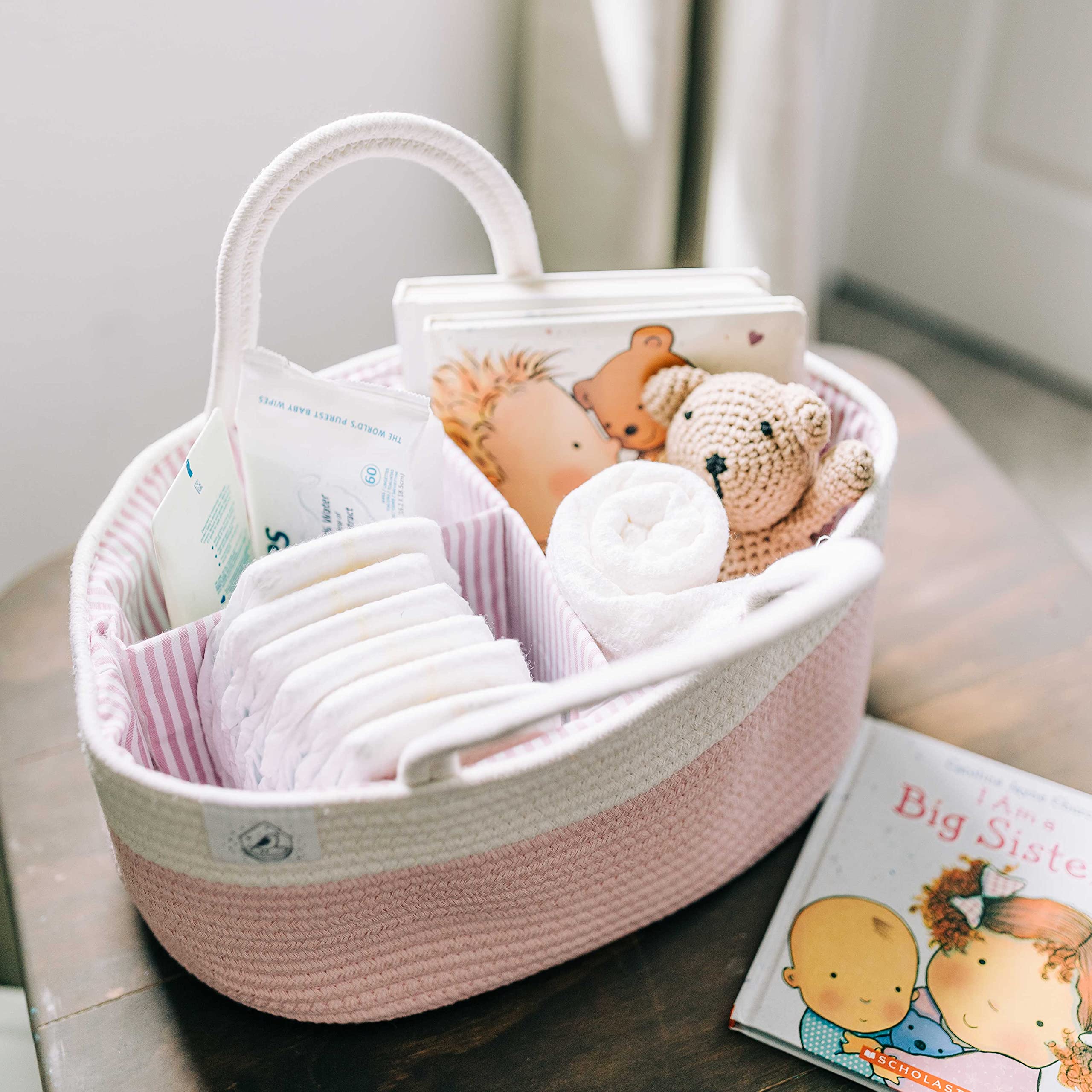 OrganiHaus Rope Diaper Caddy Basket - Baby Changing Station Organizer with Dividers & Handles | Nursery Storage Solution | Perfect Baby Shower Gift for Newborns | Pink Changing Table Basket for Diapers, Wipes & Essentials