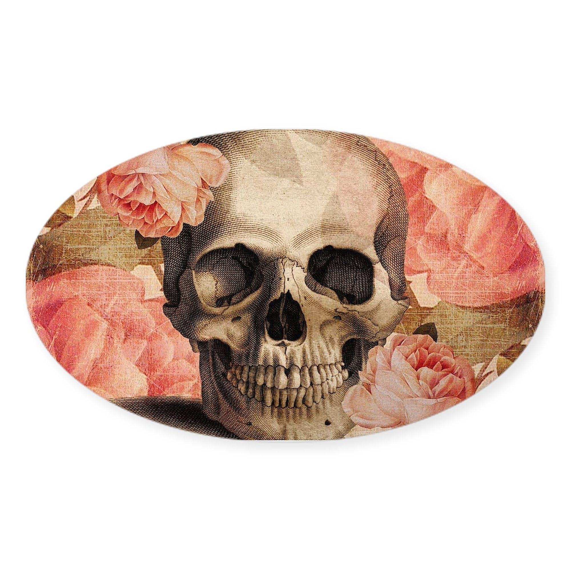 Vintage Rose Skull Collage Sticker - Oval Car Bumper Decal for Cars, Laptops & DIY Projects - Gothic Aesthetic Vinyl Sticker for Vehicles, Windows & Personalization