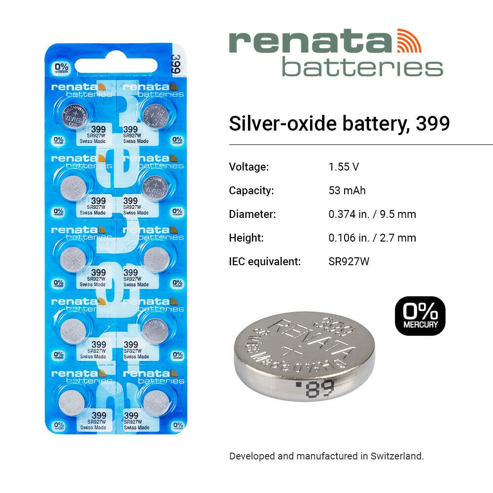 Renata 399 SR927W Silver Oxide Watch Batteries - 1.55V Long-Lasting Power (20-Pack) for Watches, Calculators & Small Electronics