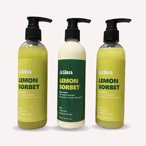 Atisa Lemon Sorbet Body Wash, Body Lotion & Hand Wash Gift Set (3-Piece) - Refreshing Citrus Scent for Shower, Bath & Daily Skincare Routine