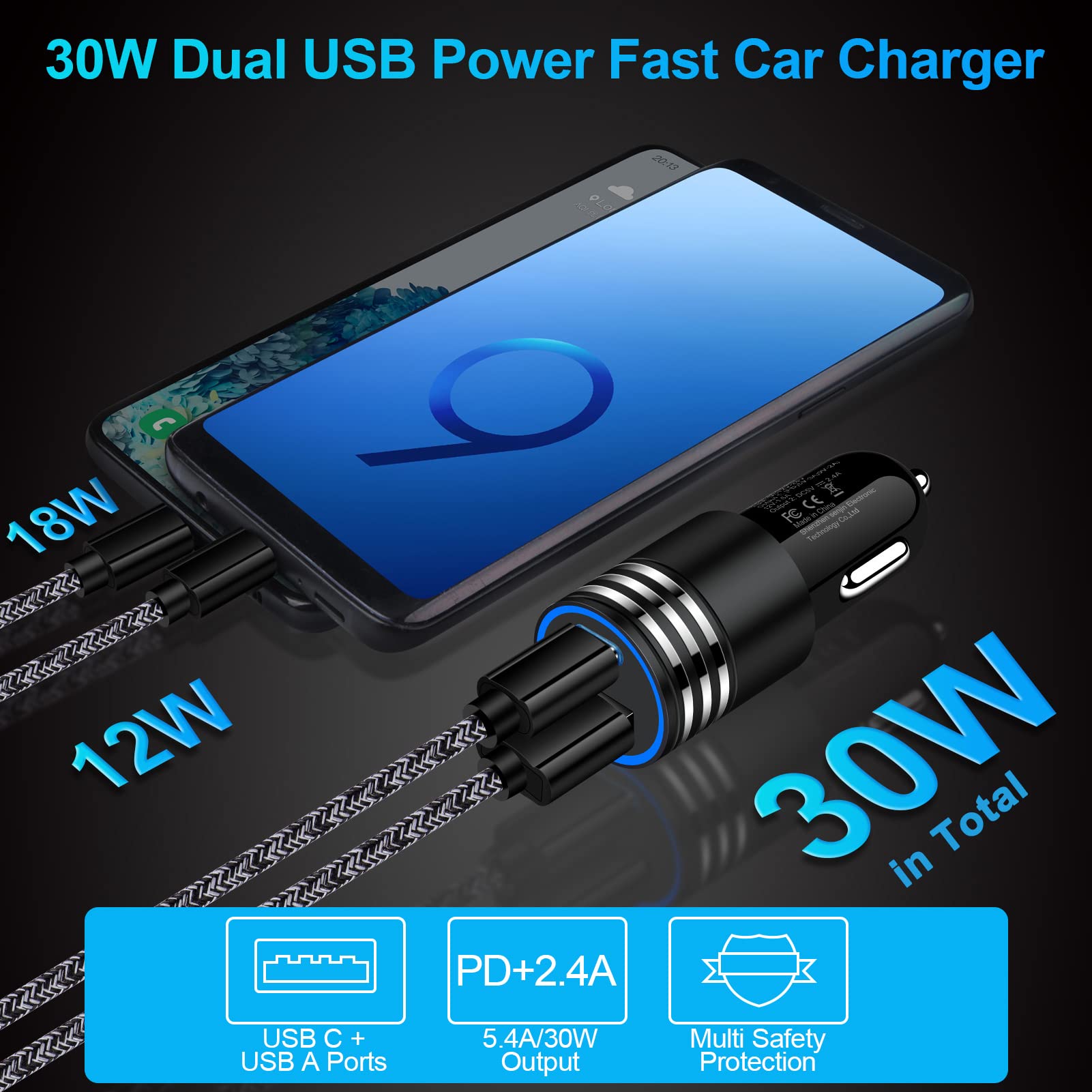 3-Pack 30W USB C Car Charger [PD 3.0 & QC 3.0] - Dual Port Fast Charging Adapter for iPhone 16/15/14/13/12/11 Pro Max/SE/XR/XS/X/8, Samsung Galaxy S24/S23/S22/S21/A13/A53 - Perfect for Road Trips & Daily Commute