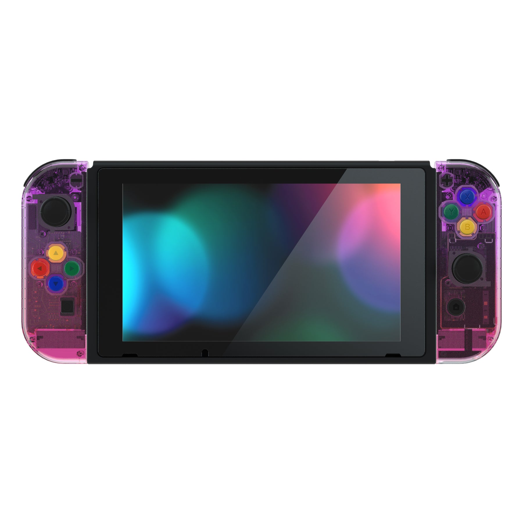 eXtremeRate Clear Atomic Purple & Rose Red Back Plate Replacement Shell for Nintendo Switch Console & Joy-Con Controllers - Full Set Buttons Included - DIY Customization for Gaming Enthusiasts | Perfect for Console Modding, Controller Upgrades & Personalized Gaming Setup