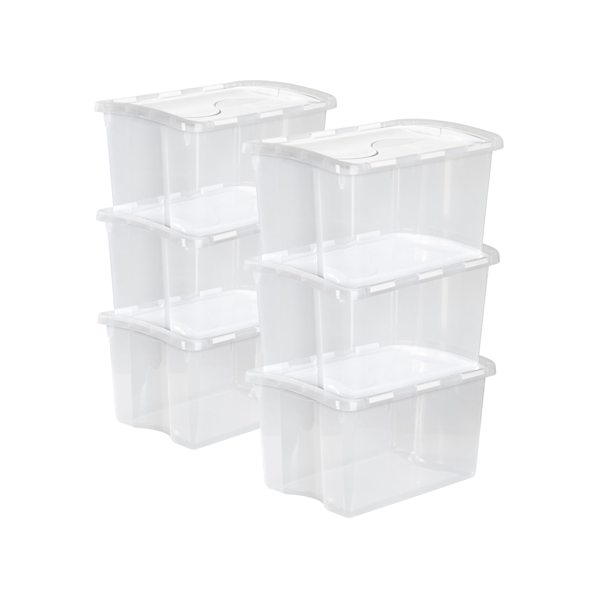Sterilite 48 Qt Clear Stackable Storage Bins with White Hinged Lids - 6 Pack Set for Home Organization, Pantry, Garage & Closet Storage Solutions