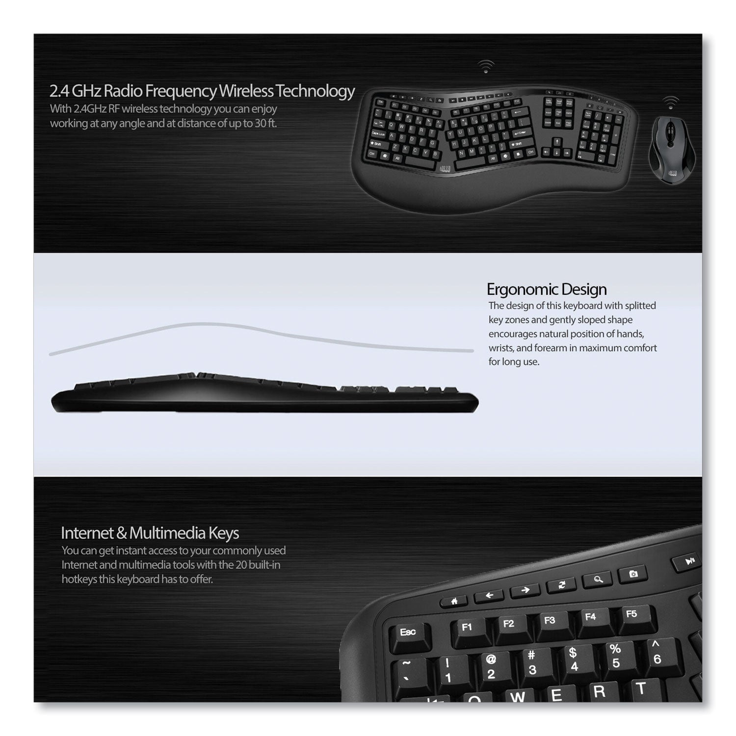 Adesso WKB1500GB Wireless Ergonomic Keyboard and Mouse Combo - 2.4GHz Frequency, 30ft Wireless Range, Black - Perfect for Office, Gaming, and Home Computer Use