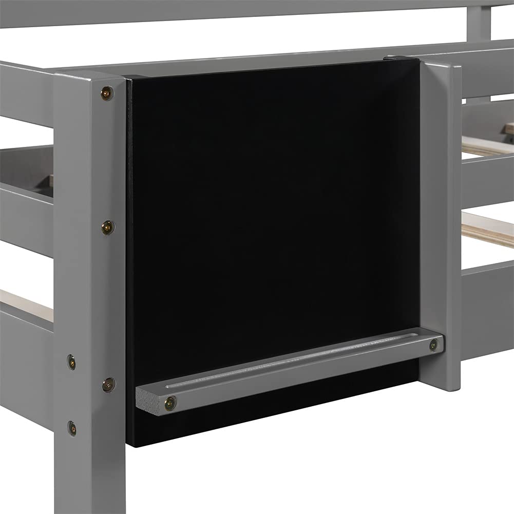 Kids Twin Size Wood Loft Bed with Slide, Stairs & Chalkboard - Low Profile Gray Loft Bed Frame for Teens - Perfect for Small Bedrooms, Playrooms & Dorm Rooms