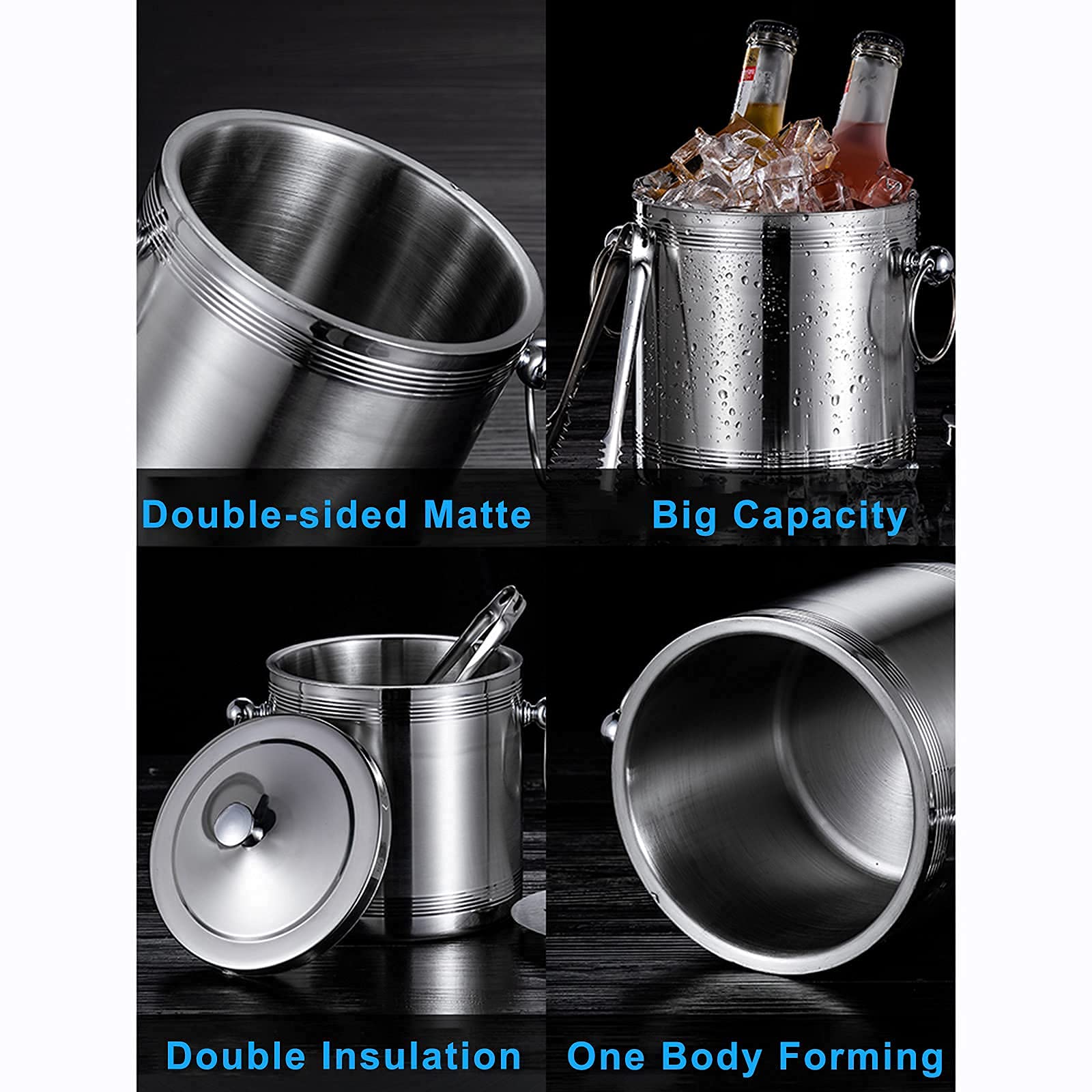 Premium Stainless Steel Double Wall Ice Bucket Set with Lid, Tongs & Strainer - 1L/1.4L/1.7L Capacity for Keeping Ice Cold & Dry - Perfect for Bars, Parties, Chilling Beer, Champagne & Wine - Ideal for Outdoor Gatherings, Home Entertaining & Restaurant Use