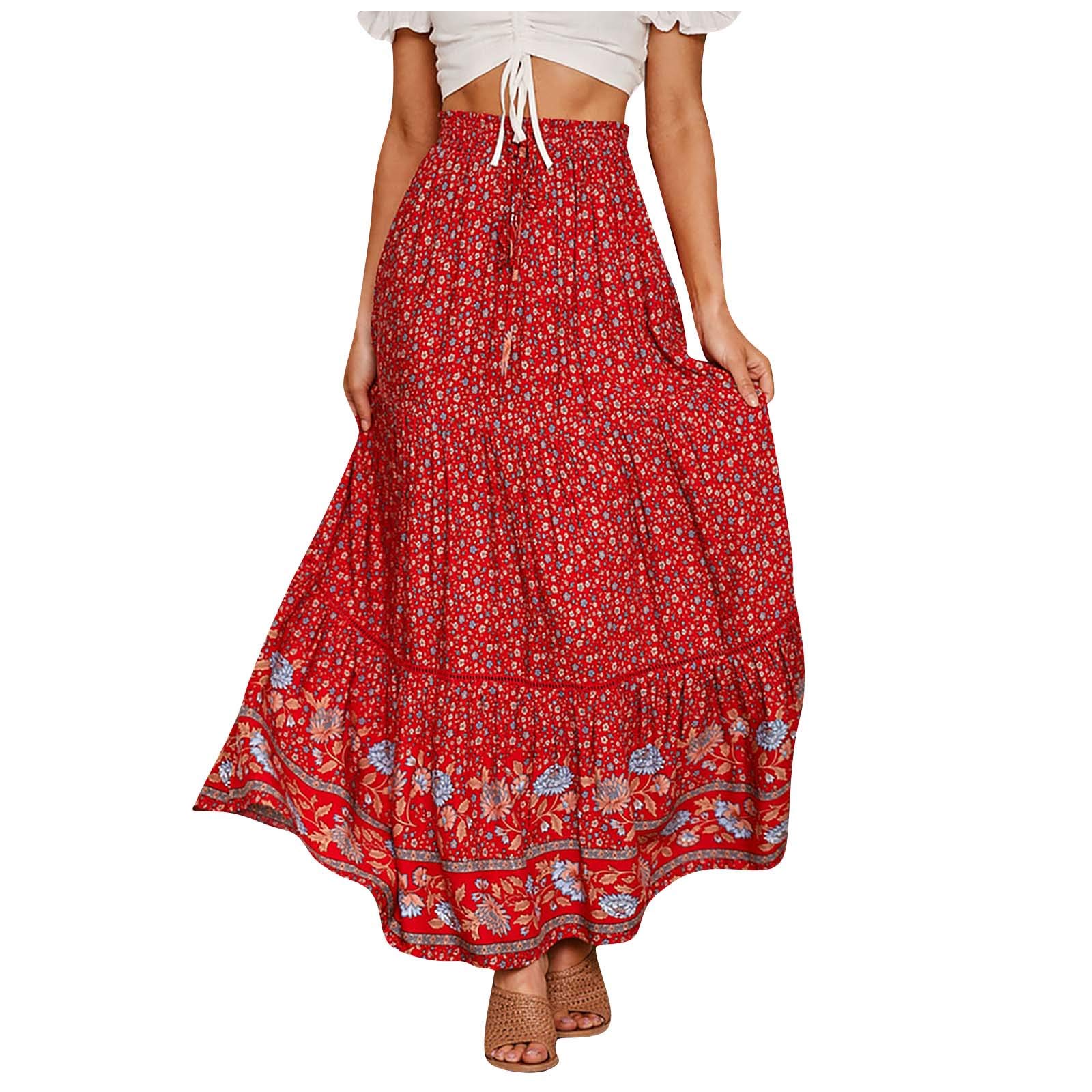 ZILANYGREQ Women's High Waist Floral Print Midi Skirt - Elastic Waistband, Flowy Long Skirt for Casual & Vacation Wear - Perfect for Beach, Office & Date Nights