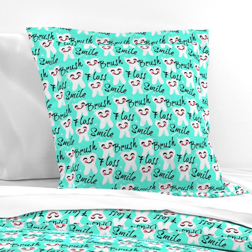 Custom Spoonflower Cotton Sateen Euro Sham with Flanged Edge - Retro Blue Kawaii Toothbrush Dentist Print Bedding | Perfect for Kids' Rooms, Dental Offices & Whimsical Home Decor
