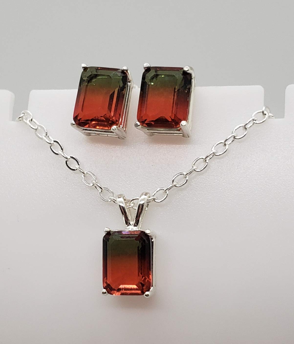 Watermelon Tourmaline Sterling Silver Earring and Necklace Set - Dainty Jewelry Gift for Women, Birthstone Jewelry for August - Perfect for Weddings, Parties & Everyday Wear