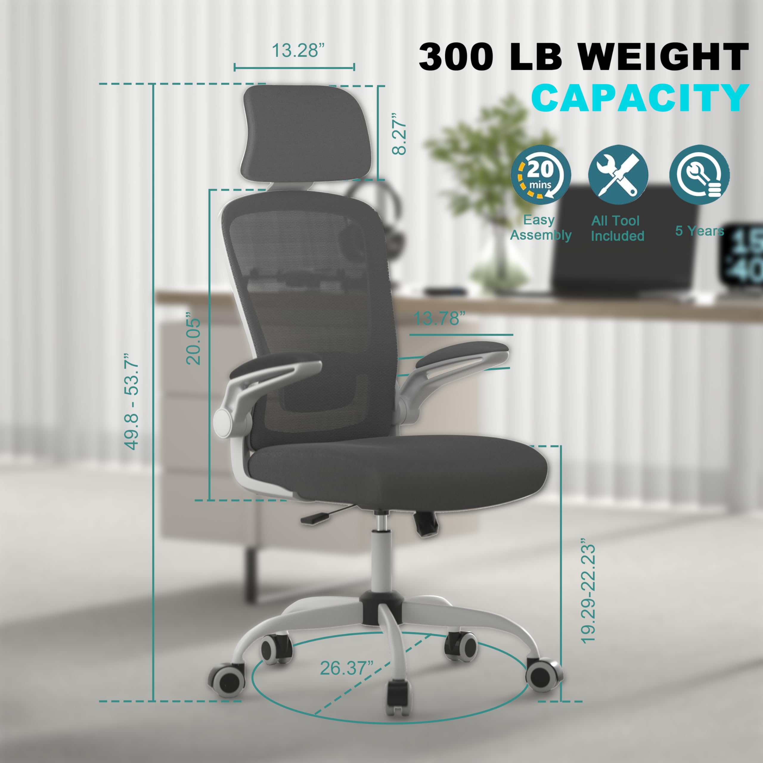 Ergonomic High Back Office Chair with Adjustable Lumbar Support & Headrest - Mimoglad Swivel Task Chair with Flip-Up Armrests for Guitar Playing (Modern, Dim Gray) - Perfect for Home Office, Gaming & Music Practice