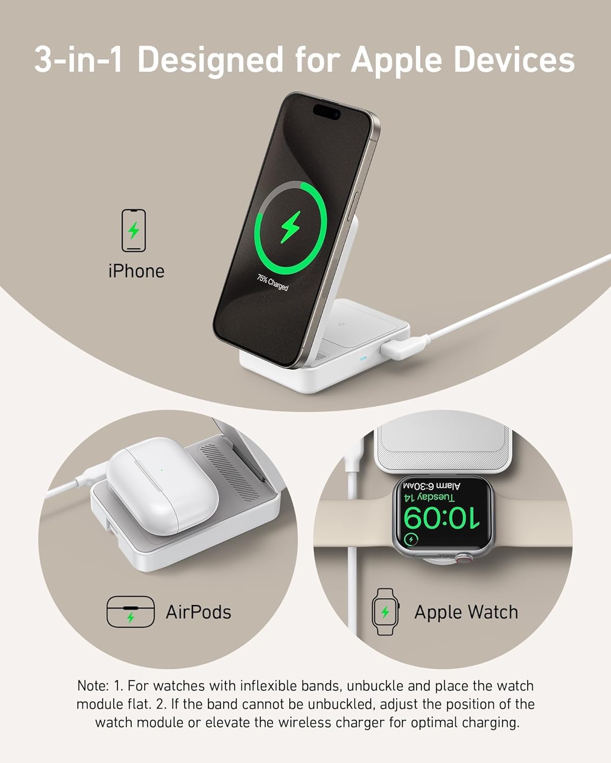 Anker MagGo 3-in-1 Wireless Charging Station with MagSafe | Qi2 Certified 15W Fast Charging | Compatible with iPhone 16/15, AirPods & Apple Watch | Includes 40W USB-C Adapter | Perfect for Home, Office & Travel Charging