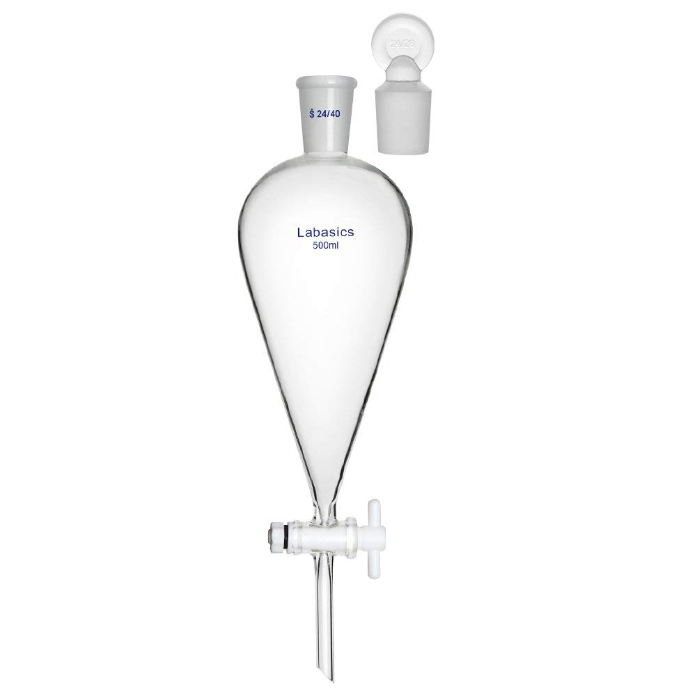 Labasics 500ml Borosilicate Glass Conical Separatory Funnel with PTFE Stopcock - 500mL Lab Equipment for Chemical Extraction, Liquid Separation & Organic Chemistry Experiments