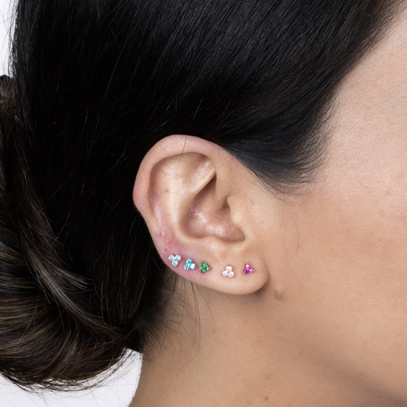 14K Rose Gold Pink Opal Trinity Cluster Stud Earrings - Flat Back for Sensitive Ears | Perfect for Everyday Wear, Gift Giving & Special Occasions