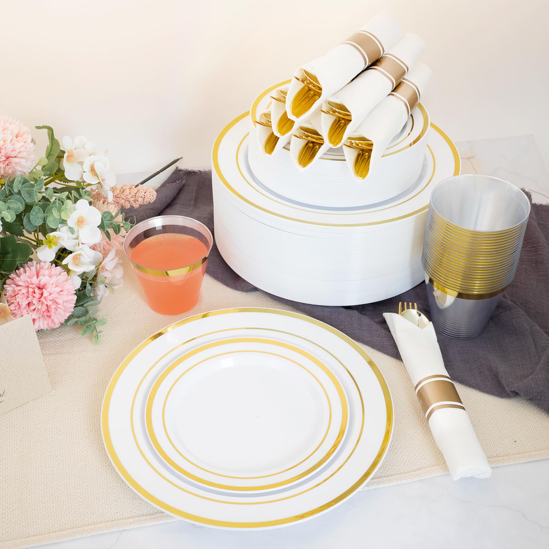 350-Piece Gold Plastic Dinnerware Set for 50 Guests - Disposable Plates, Cups, Napkins & Silverware for Parties, Weddings & Events - Elegant Gold Tableware (50 Dinner Plates, 50 Dessert Plates, 50 Cups, 50 Pre-Rolled Napkins with Cutlery) - Perfect for Birthday Celebrations, Bridal Showers & Holiday Gatherings
