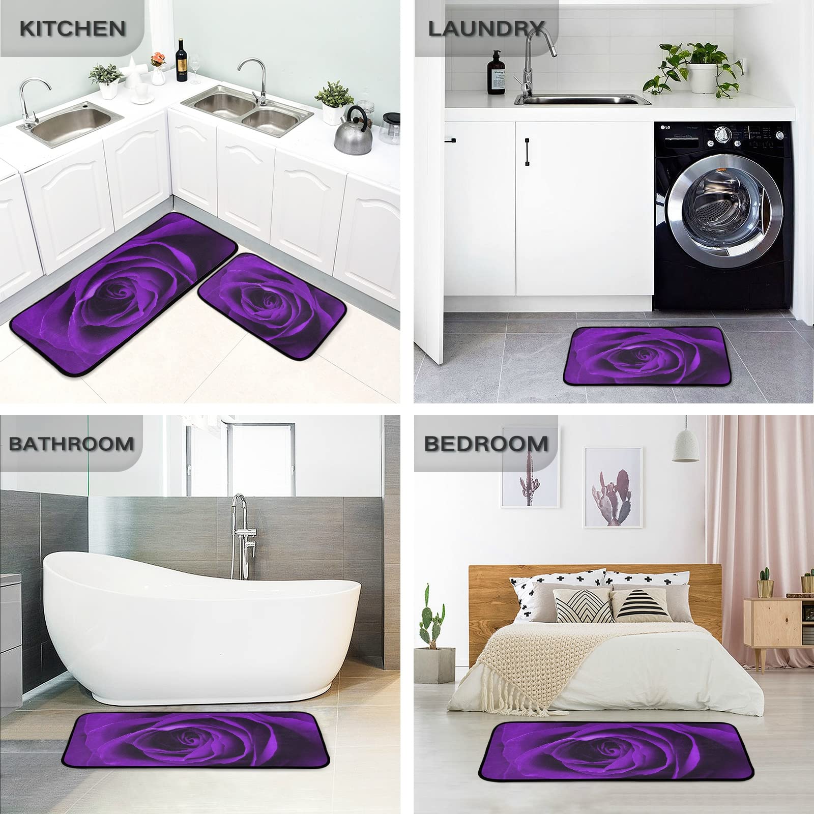 Valentine's Day Purple Rose Non-Slip Kitchen Rugs Set of 2 - Washable Polyester Floor Mats for Kitchen, Laundry, Sink & Office - Soft Standing Mats for Comfort & Style
