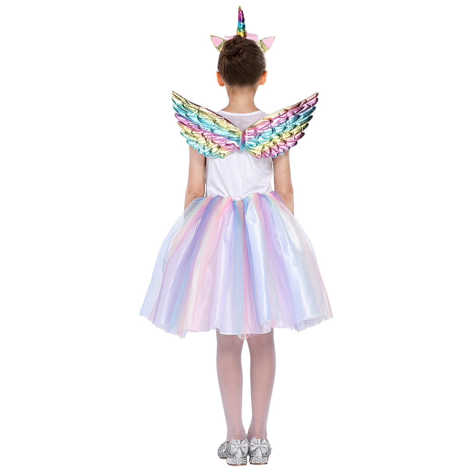 **Halloween Princess Dress Costume for Girls - Sparkly Fairy Tutu Dress with Rainbow Wings & Headband - Perfect for Birthday Party, Dress Up, Halloween & Cosplay**