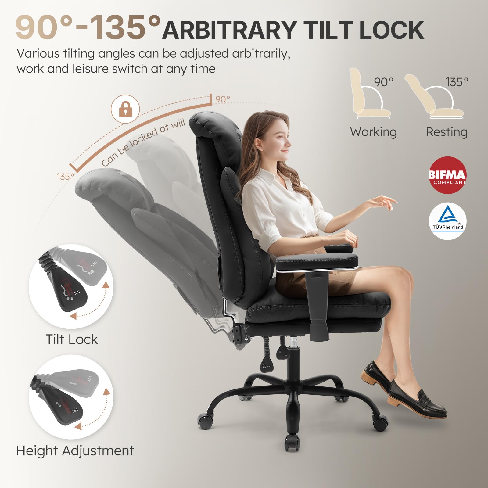 Premium Ergonomic Office Chair for Big & Tall - 500lbs Weight Capacity, Adjustable Height & Tilt Lock, Padded Armrests - Executive Desk Chair for Home Office, Gaming & Workspace Comfort