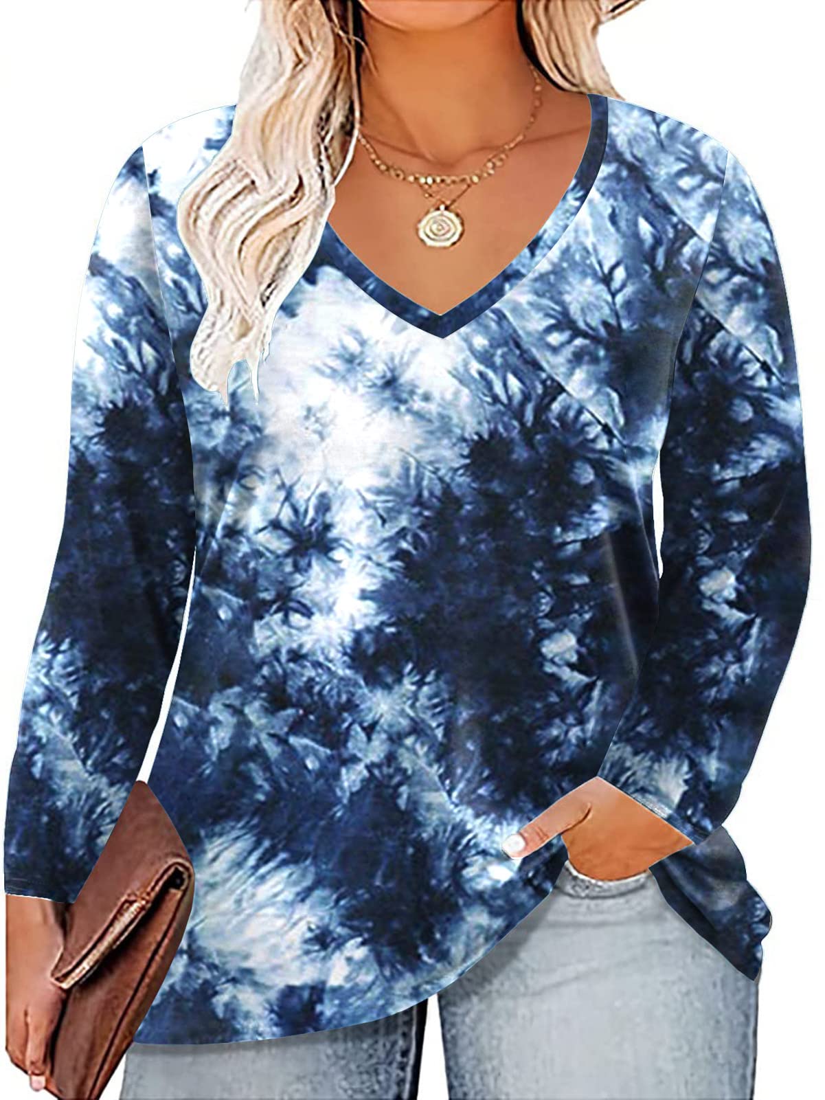 ROSRISS Women's Plus Size Long Sleeve V-Neck Tunic Tops - Solid Color Blouse & Casual Tee Shirts for Work, Office & Everyday Wear