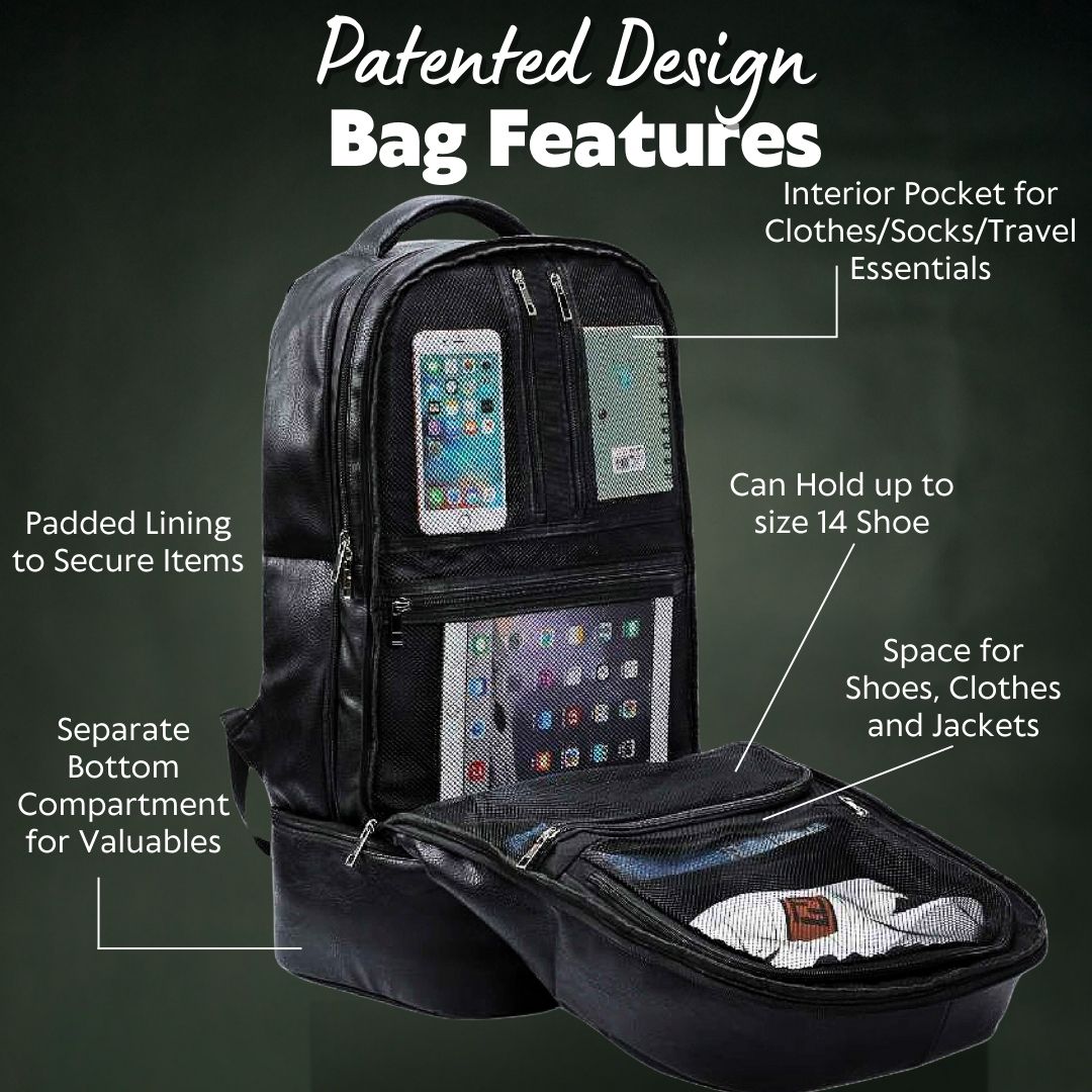 Premium Black Leather Shoe Bag for Travel & Storage - XL Size Fits Up to Men's Size 17 - Patent Pending Design - Perfect for Gym, Business Trips & Sneaker Collection Protection