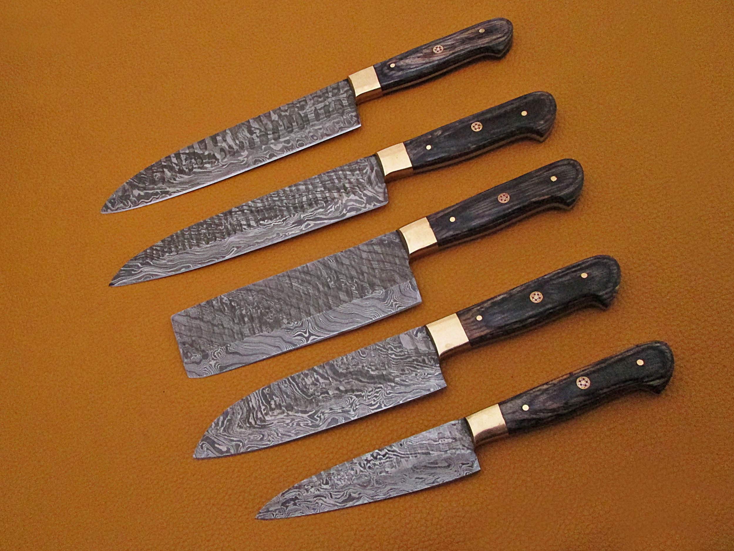 Premium 5-Piece Damascus Steel Kitchen Knife Set - Hand Forged Hammered Blades with 2-Tone Wood Handle - 54-Inch Razor Sharp Knives - Includes Black Goat Suede Leather Sheath - Perfect for Professional Chefs & Home Cooking Enthusiasts