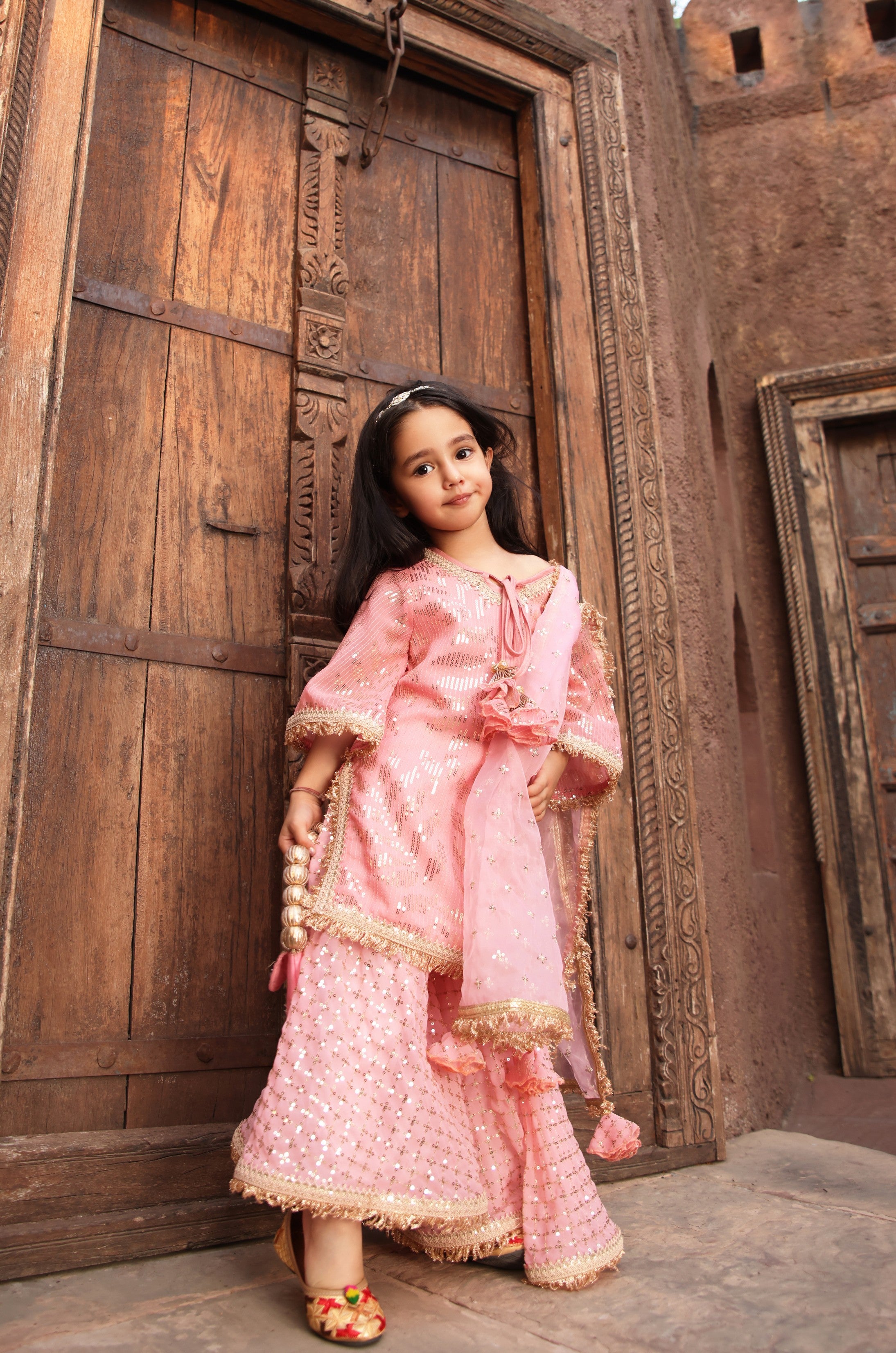 Pre Order: Peach Sequence Embroidery Kurti Sharara Set - Elegant Ethnic Outfit for Women | Perfect for Weddings, Festivals & Special Occasions