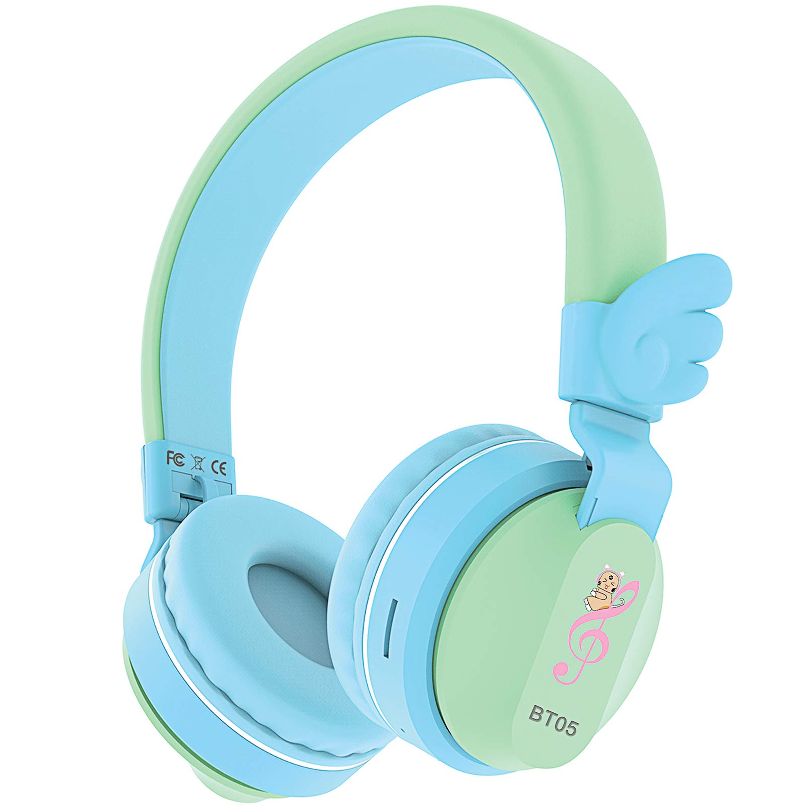 Riwbox BT05 Wireless Bluetooth Kids Headphones - Foldable Over-Ear Headset with Volume Limiter, Built-in Mic & TF Card Slot - Compatible with iPad, iPhone, Tablet (Green & Blue) - Perfect for Online Learning, Travel & Home Entertainment