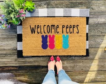 Easter Welcome Doormat - Cute Peeps Design for Spring Decor, Easter Gift & Housewarming Present - Perfect for Front Door, Porch, and Holiday Home Decor