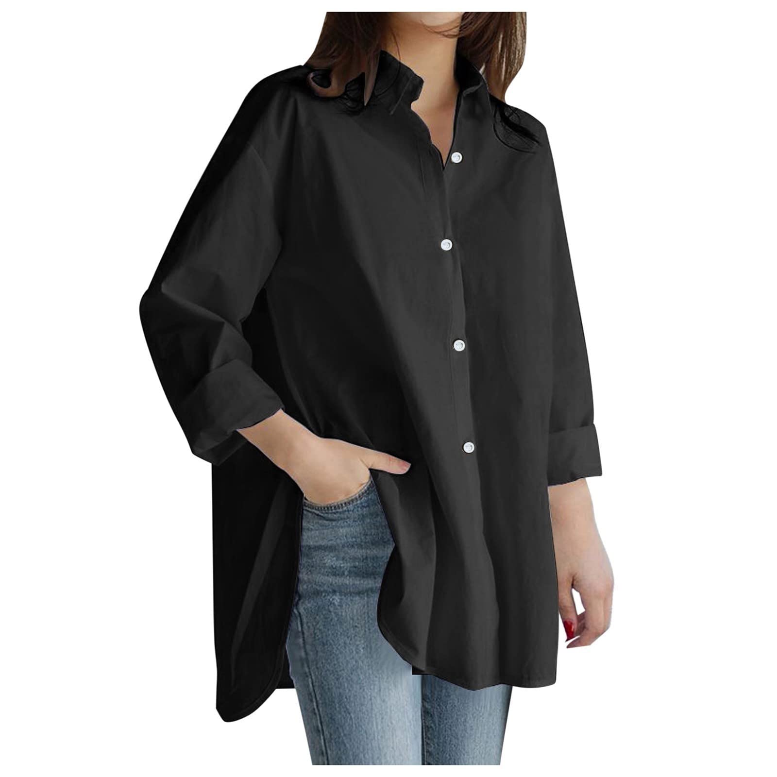 Women's Long Sleeve Cotton Shirts - Solid Color Plus Size Blouse & Casual Workout Top for Office, Yoga & Everyday Wear