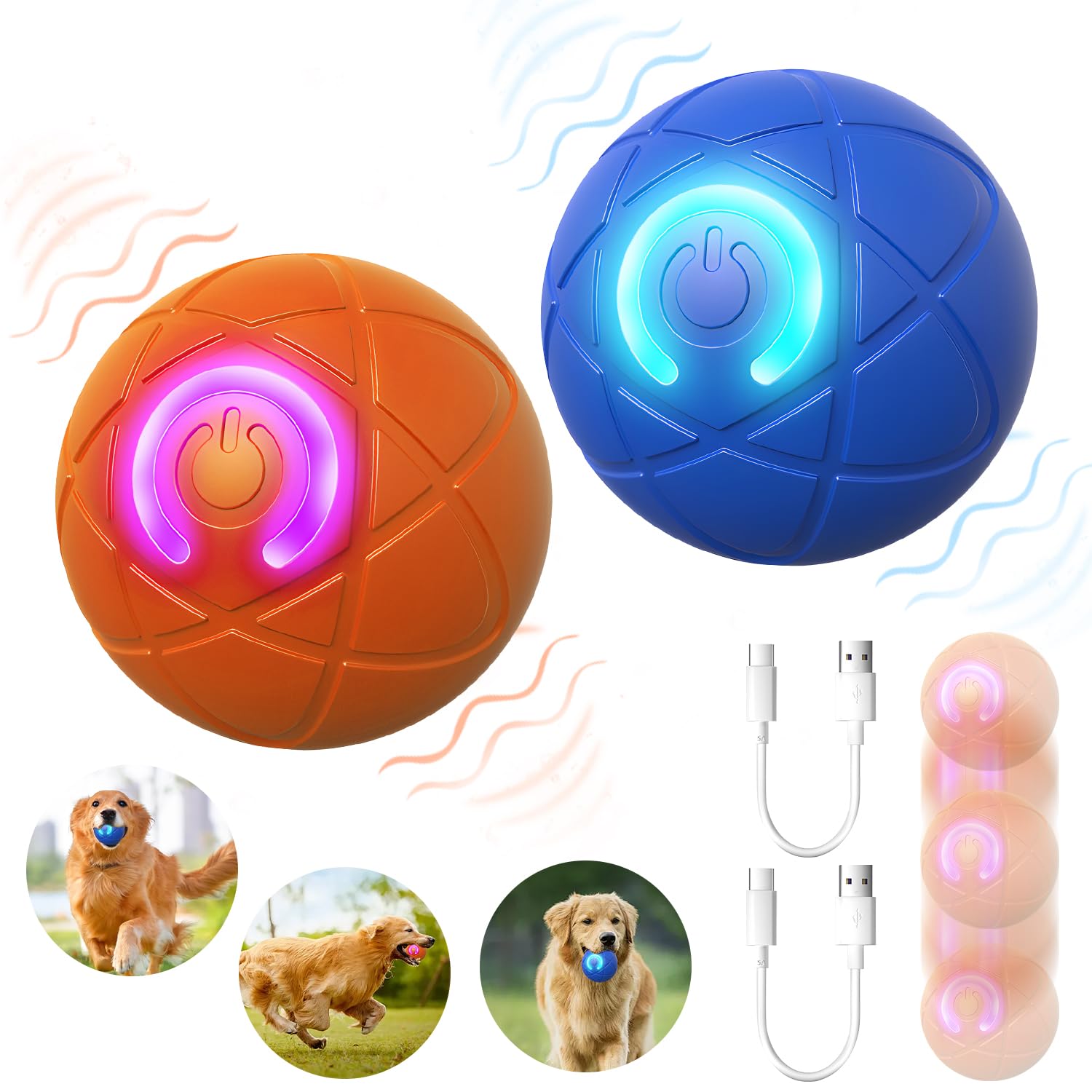 2PCS Interactive Shaky Ball Dog Toy - USB Rechargeable Automatic Moving Pet Ball for Small & Medium Dogs - Orange & Blue - Perfect for Indoor Play, Training & Boredom Relief