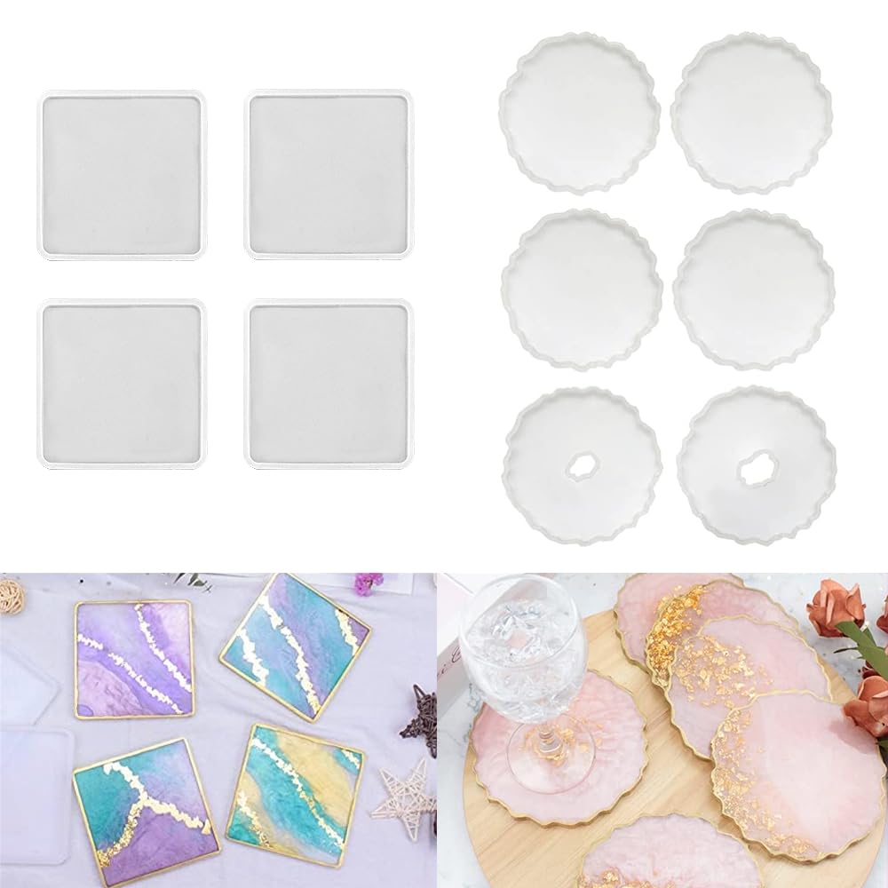 ResinWorld 6 Pack Geode Coaster Molds & 4 Pack 4 Inch Square Coaster Molds for DIY Resin Art - Perfect for Home Decor, Gifts, and Craft Projects