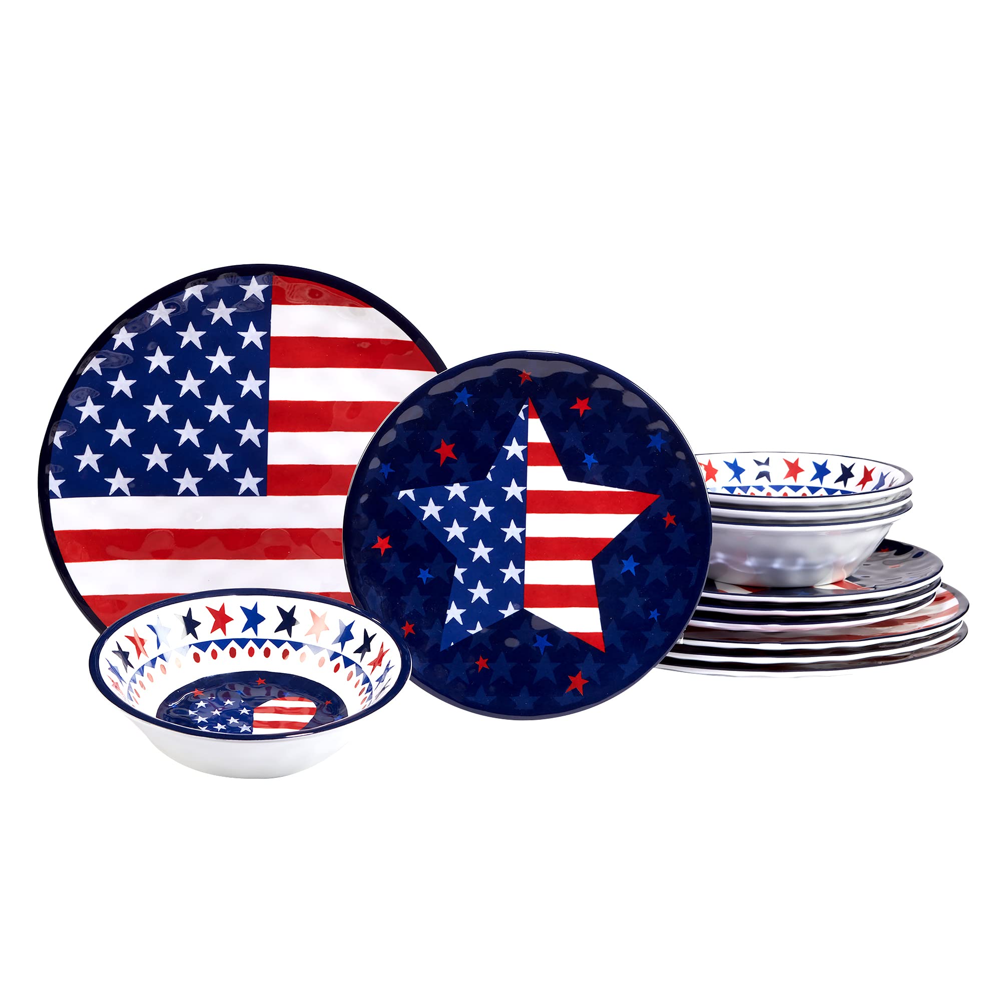 Certified International Stars & Stripes 12-Piece Melamine Dinnerware Set - Service for 4, Durable & Colorful Plates, Bowls & Mugs - Perfect for Outdoor Dining, Picnics & Patriotic Parties