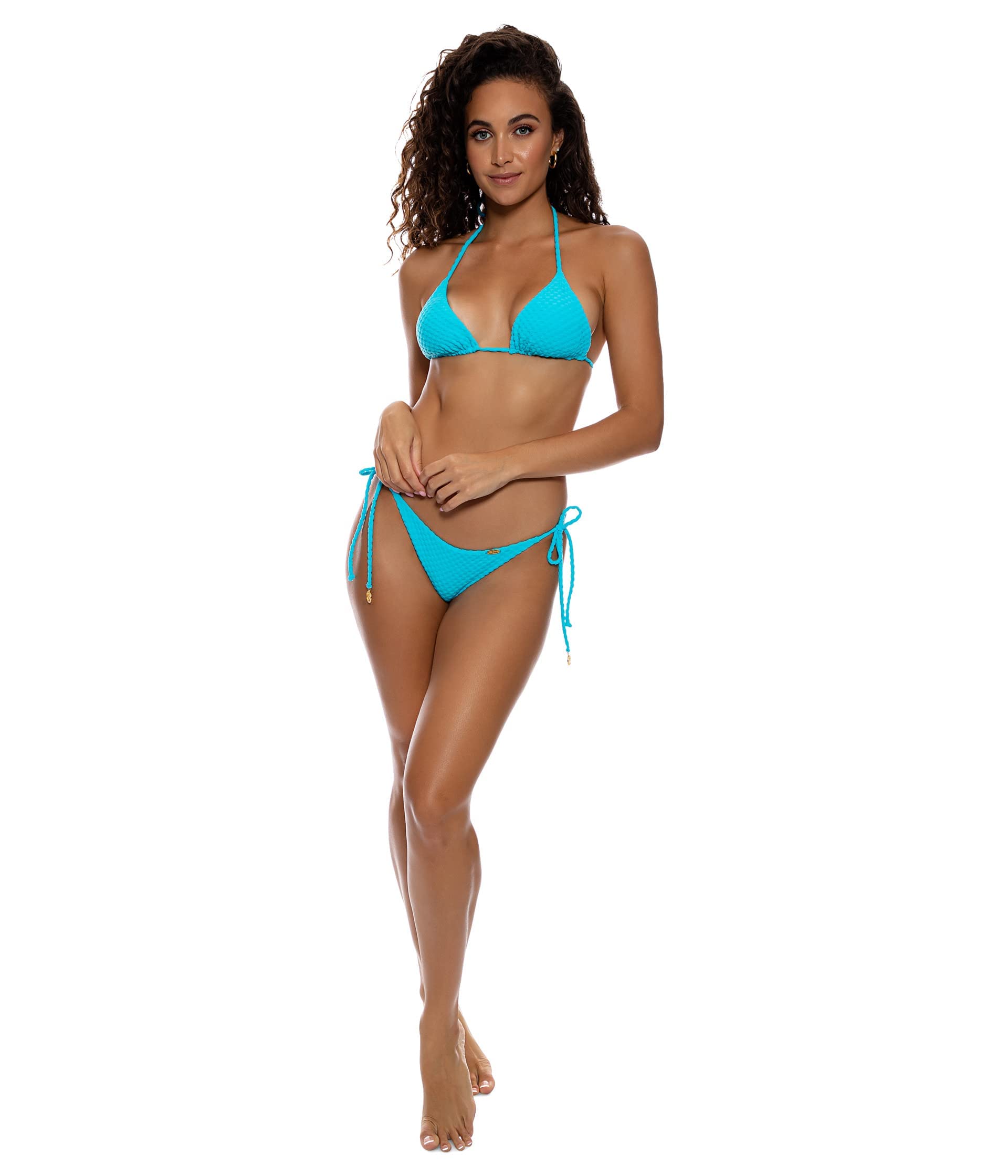 Luli Fama Women's Seamless Wavy Ruched High-Waisted Swim Bottoms - Tie Side Bikini Bottoms for Beach & Pool - Daydream Blue - Size Large