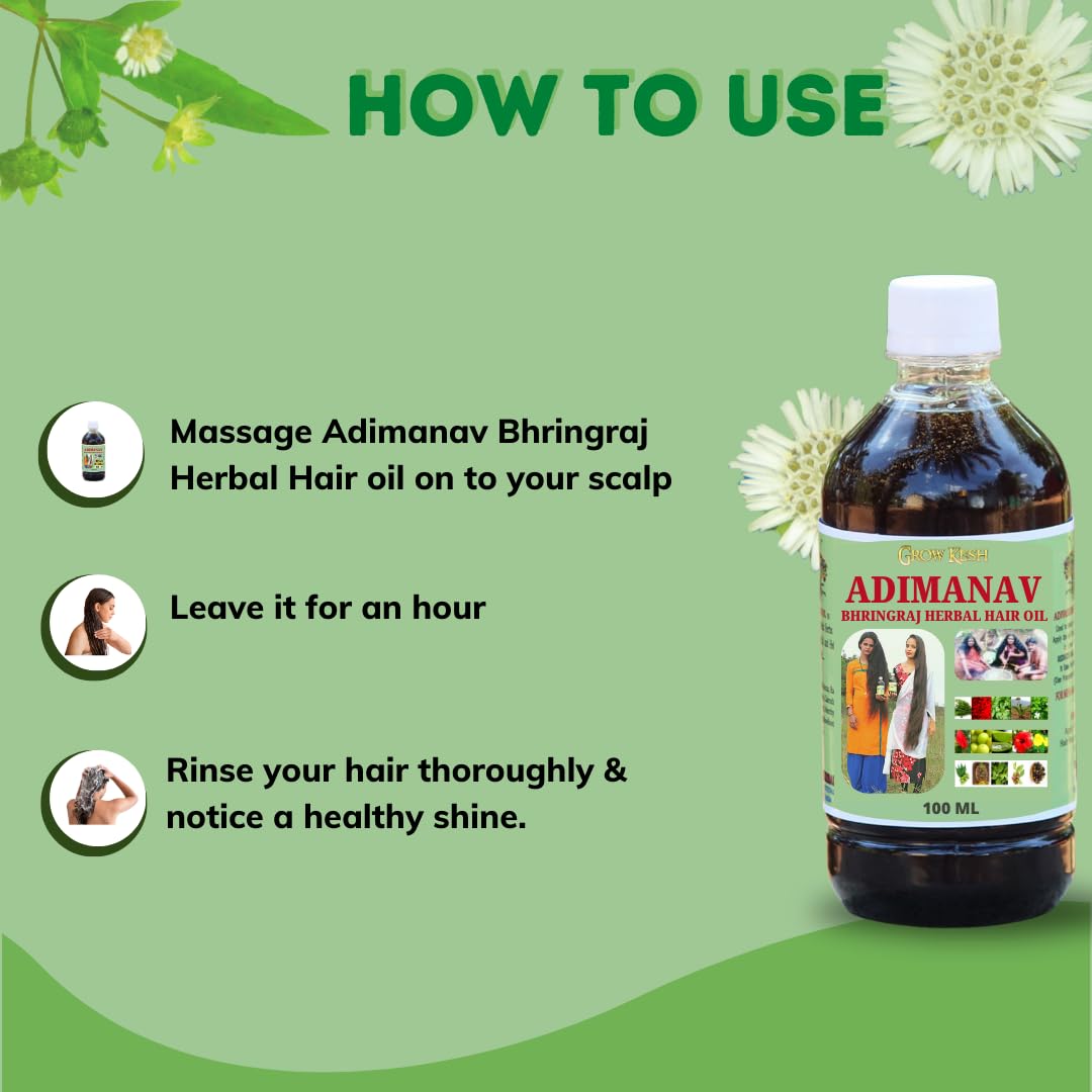 Growkesh Adimanav Bhringraj Herbal Hair Oil - 100% Pure & Natural Hair Growth Treatment for Men & Women | 200ml (Pack of 2) | Reduces Hair Fall, Promotes Thick & Long Hair | Perfect for Daily Scalp Massage & Ayurvedic Hair Care Routine