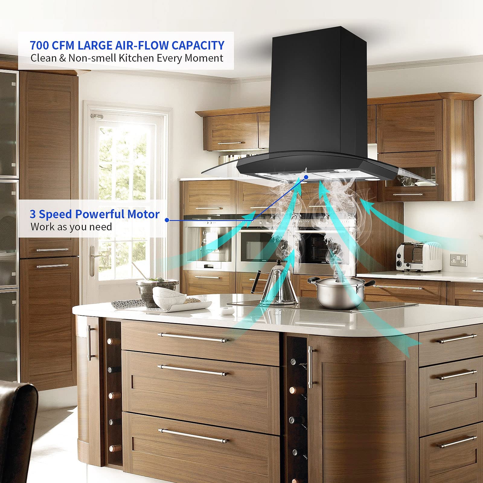 30 Inch Island Range Hood - 700CFM Black Stainless Steel Ceiling Mount Kitchen Vent Hood, Ducted/Ductless Convertible Stove Exhaust Fan with 5-Layer Filters & Curved Tempered Glass - Perfect for Open Kitchen, Restaurant, and Modern Home Cooking Spaces