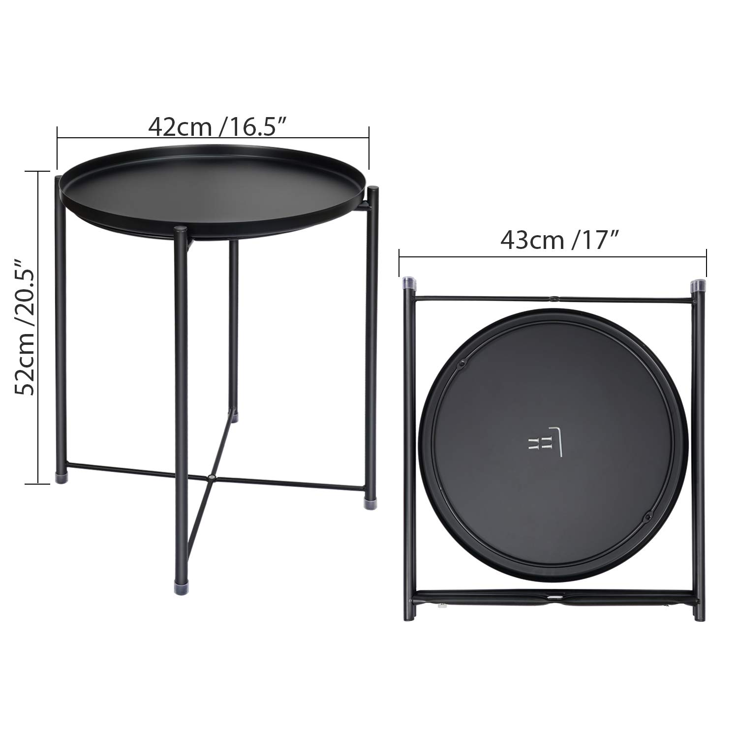 Metal End Table with Removable Tray - Small Round Side Table for Living Room, Bedroom & Outdoor Use - Stylish Nightstand and Snack Table for Sofa, Patio or Dorm Decor