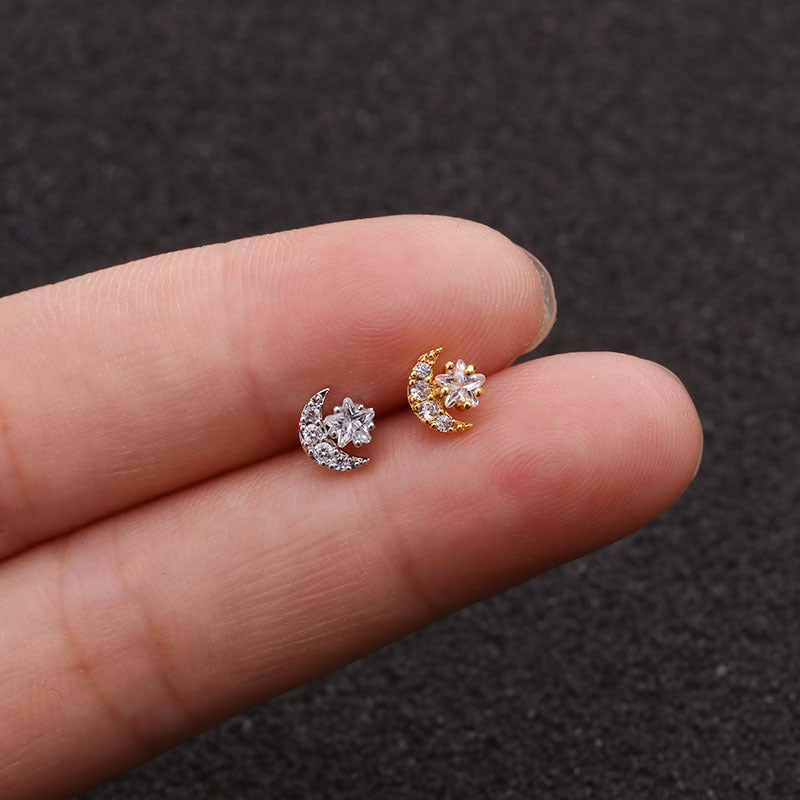 20G Cartilage Tiny Stud Earrings - Moon and Star Earrings for Women | HSPJ1951 | Perfect for Daily Wear, Parties & Gifts