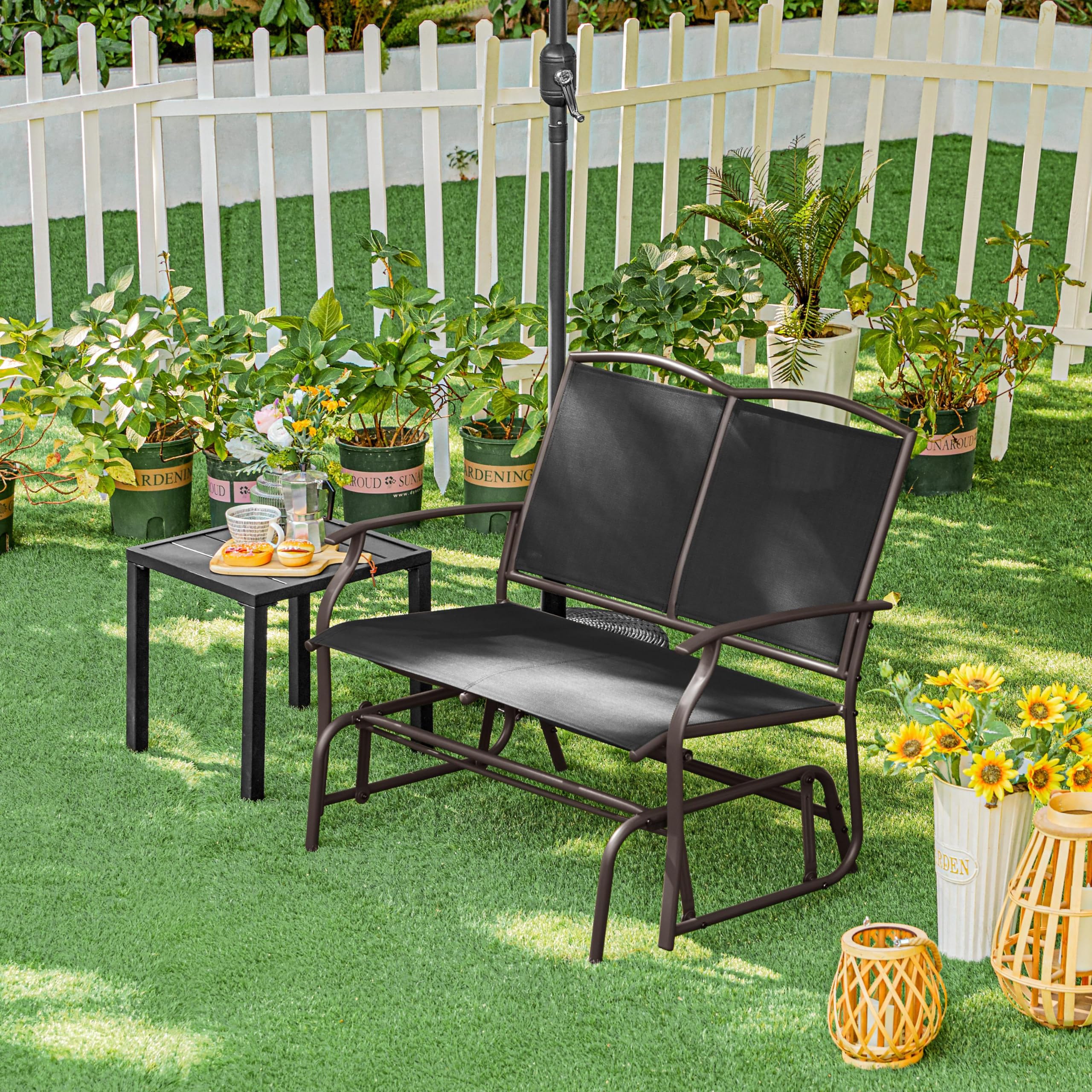 Yaheetech 2-Person Outdoor Glider Bench - Heavy Duty Steel Frame Patio Loveseat for Backyard, Garden, Porch, Poolside - Weather-Resistant Black Rocking Chair for Relaxing Outdoors