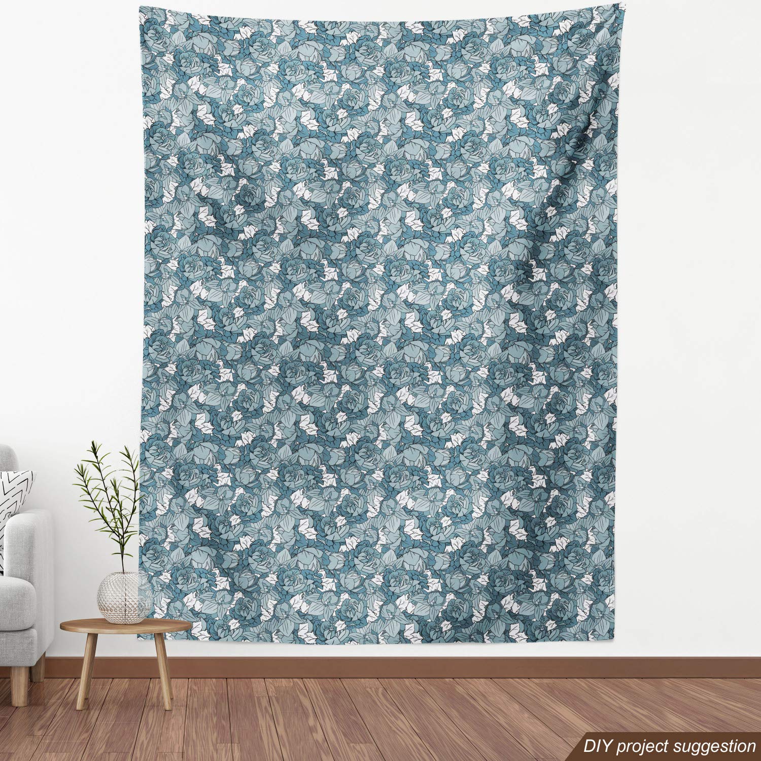 Ambesonne Floral Fabric by The Yard - Hand Drawn Botanical Spring Design in Slate Blue & White - Upholstery & Home Decor Fabric for Sofa, Curtains, Pillows - Perfect for Living Room, Bedroom Decor