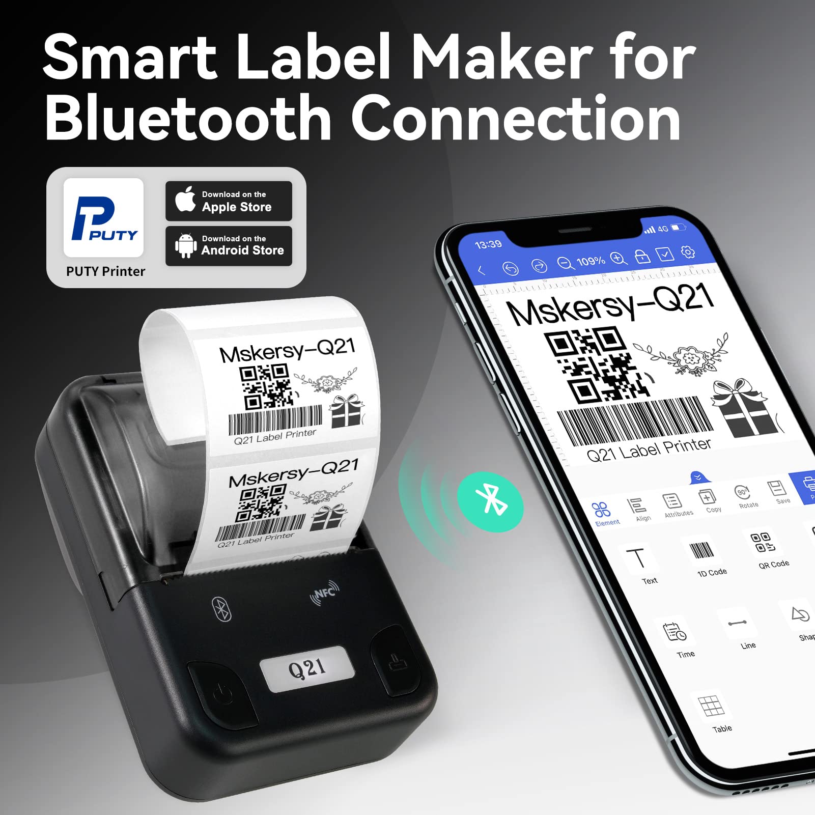 Portable Bluetooth Label Printer Q21 - Wireless Barcode Label Maker with Tape for Small Business & Office, Compatible with Android & iOS, USB Rechargeable | Perfect for Organizing, Inventory & Shipping Labels