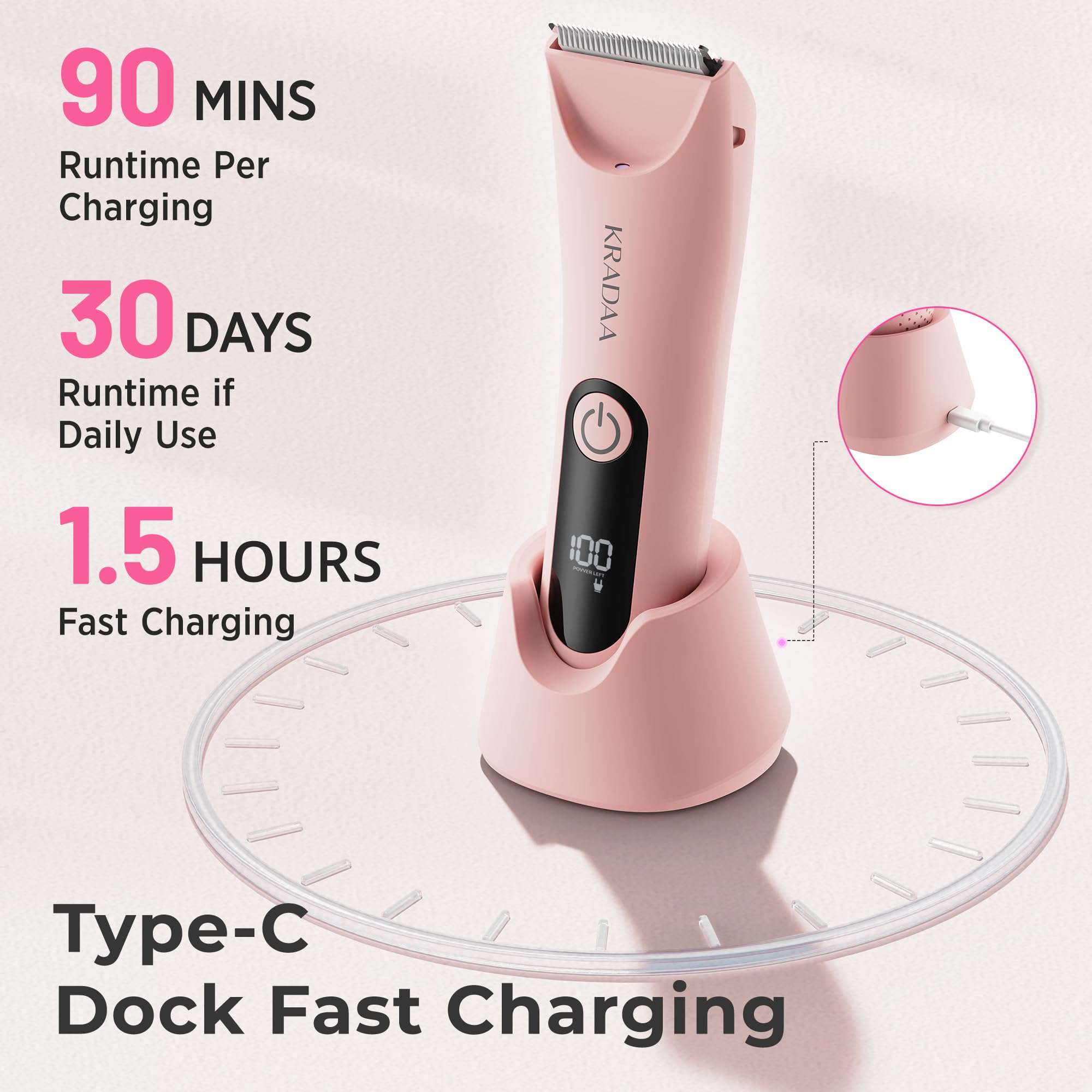 Painless Electric Bikini Trimmer for Women - Rechargeable Pubic Hair Shaver with IPX7 Waterproof Design for Body & Underarm Hair (Pink) | Perfect for Travel, Gym & Sensitive Skin Care